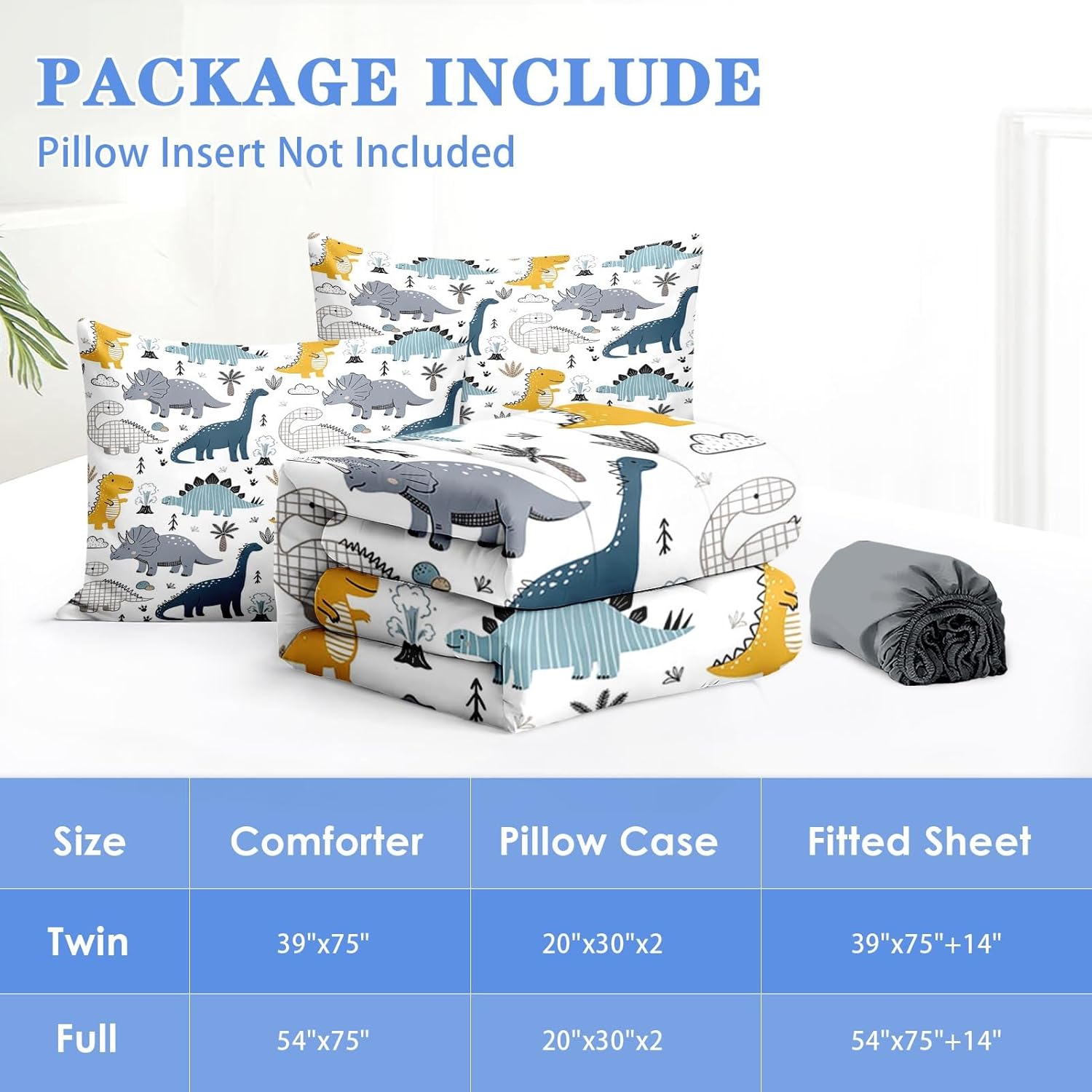 Nesker Zipper Bedding Twin Cute Dinosaur Zip Up Bedding Set for Boys and Kids, Blue Grey Yellow Dino 3 Pcs Comforter Bed in a Bag with Fitted Sheet and 2 Pcs Pillowcases - Image 6