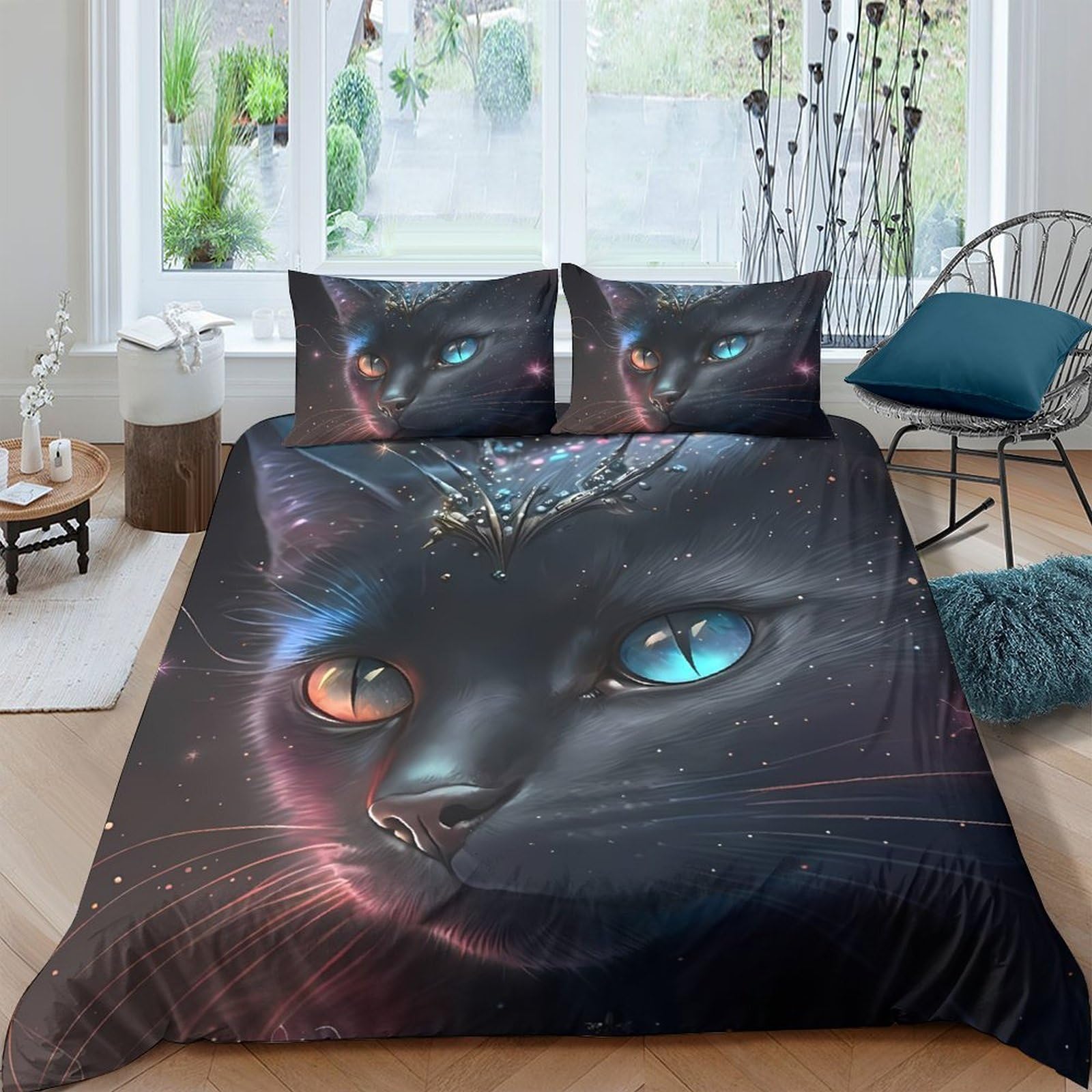 GPLZQXKJNH 3D Printed Black Cat Duvet Cover Microfiber Bedding Set with Blue Orange Eyes Quilt Cover, 2 Pillowcases, Bedroom Decor Single（135x200cm）