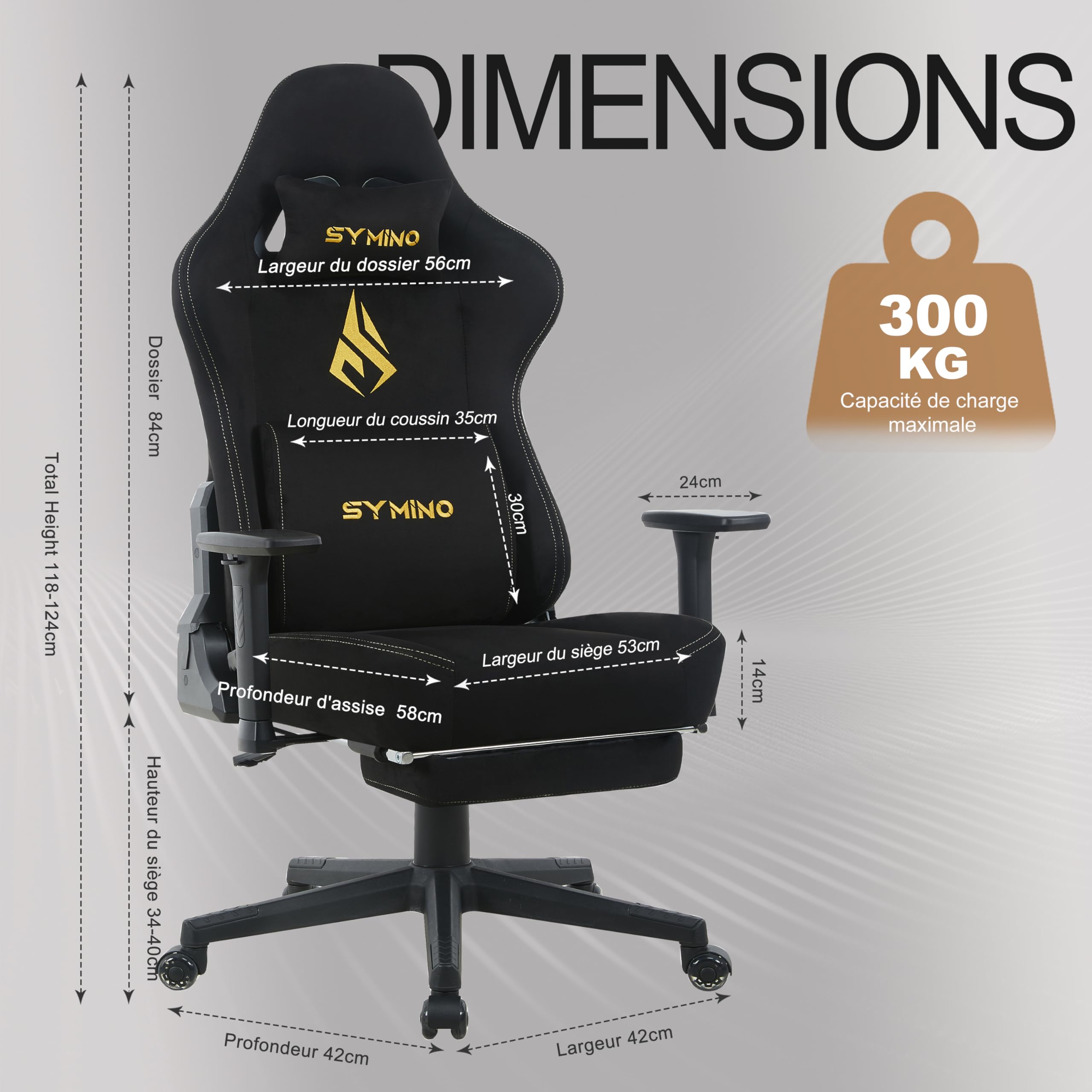 Symino Chaise Gamer XL, Siège Large Mousse+Latex, Support Lombaire & Tête, Inclinaison 175°, 300kg, Roues Silencieuses Incluses (Faux Daim, Noir)