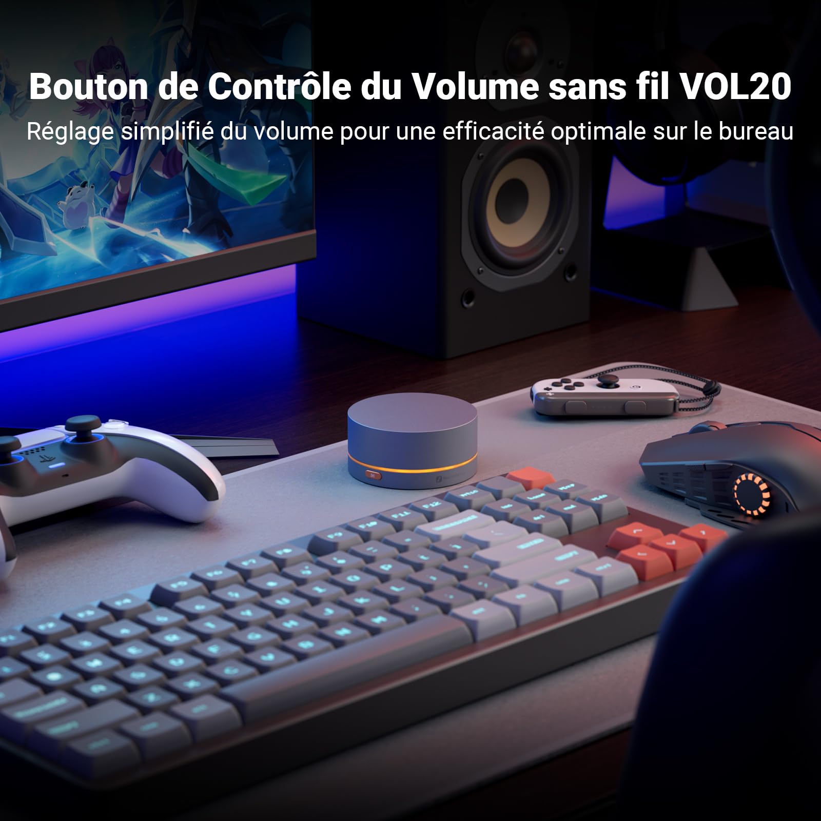 Fosi Audio VOL20 Régulateur de volume Bluetooth, Contrôleur multimédia USB pour PC, Gaming, Audio domestique et Bureau, Molette multifonction avec éclairage RGB réglable