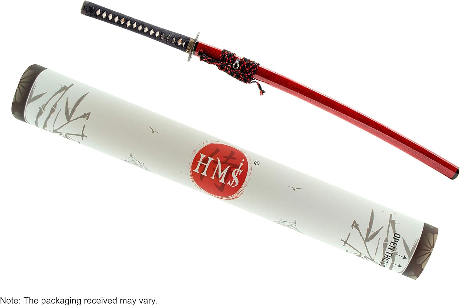 HMS Japanese Samurai Katana Sword, Warrior Riding Horse Tsuba, 1045 Carbon Steel, Hand Forged Clay Tempered, Full Tang, Sharp, Red Scabbard with Black Dots, Certificate
