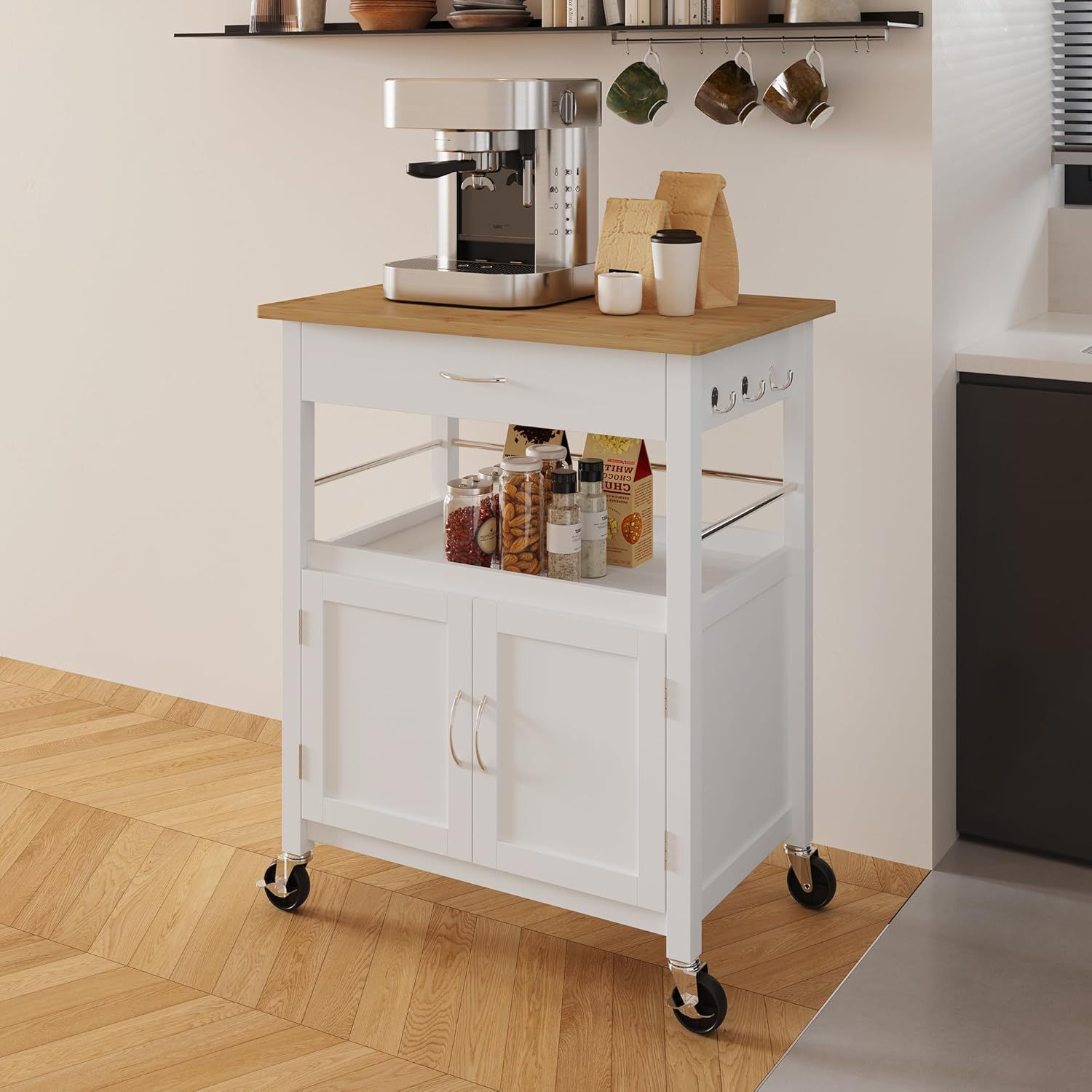 eHemco Kitchen Island Cart on Wheels with Drawer, Storage Cabinet, Shelf and Natural Bamboo Top Butcher Block, White Base