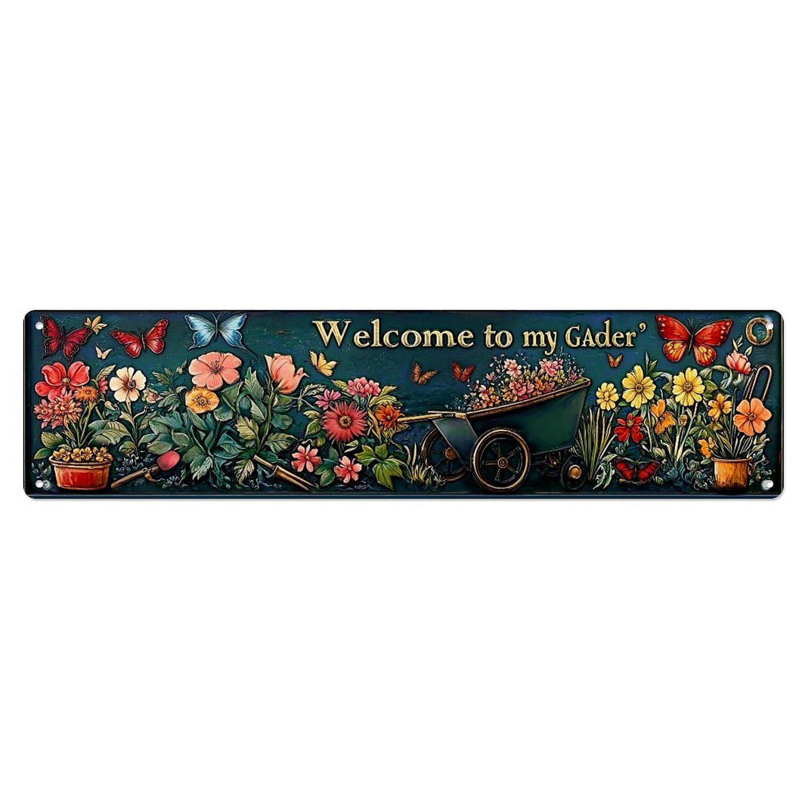 Floral Garden Wheelbarrow Butterflies Welcome Metal Tin Sign Plaque
