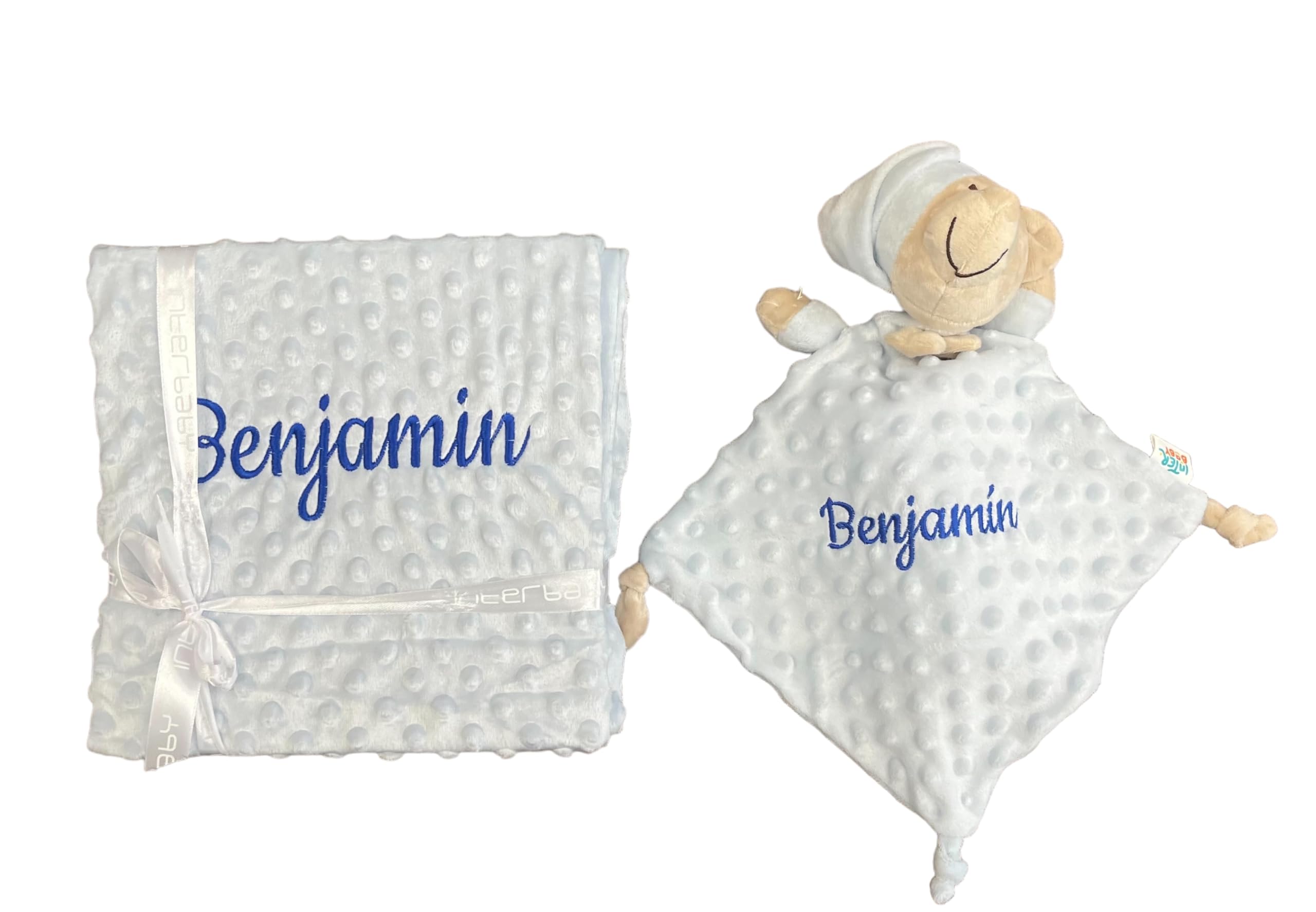 Danielstore Velvet Cesta para Regalo Recién Nacido, Canastilla Bebé Personalizada, Manta y Dou Dou Osito Bordada, Incluye Set de Primera Puesta y Pastel de Pañales (2 Azul)