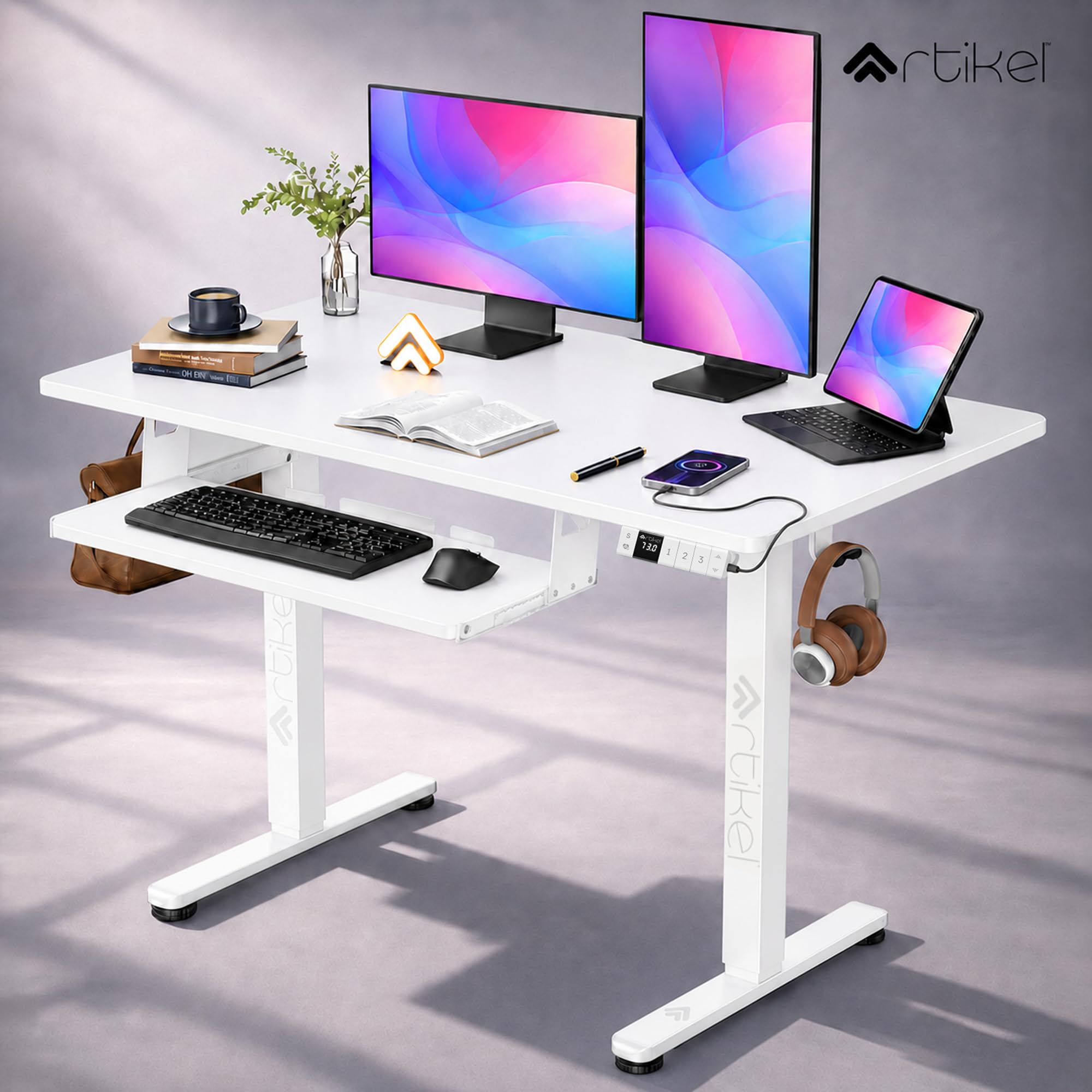 ARTIKEL Artidesk Electric Height Adjustable Table for Office Work with Keyboard Tray | Sit Stand Gaming Desk| 80Kg Wt Lift | 2 Headphone Hook Cable Management (White, 120x60cm)-image-15