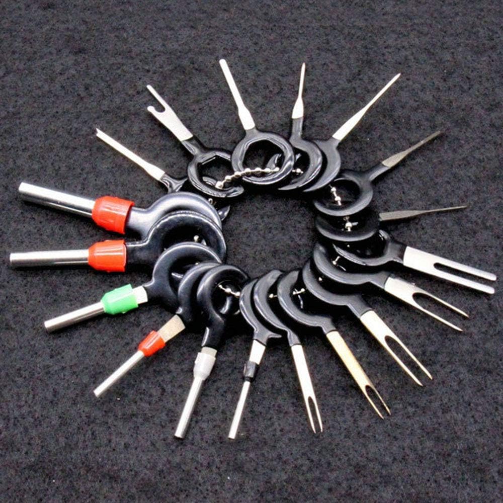 e-infinity 18 PCS Automotive Plug Terminal Remove Tool Set Key Pin Car Electrical Wire Crimp Connector with Flexi Screw Grab Tools and Emergency Car Glass Breaker and Seat Belt Cutter Rescue Hammer