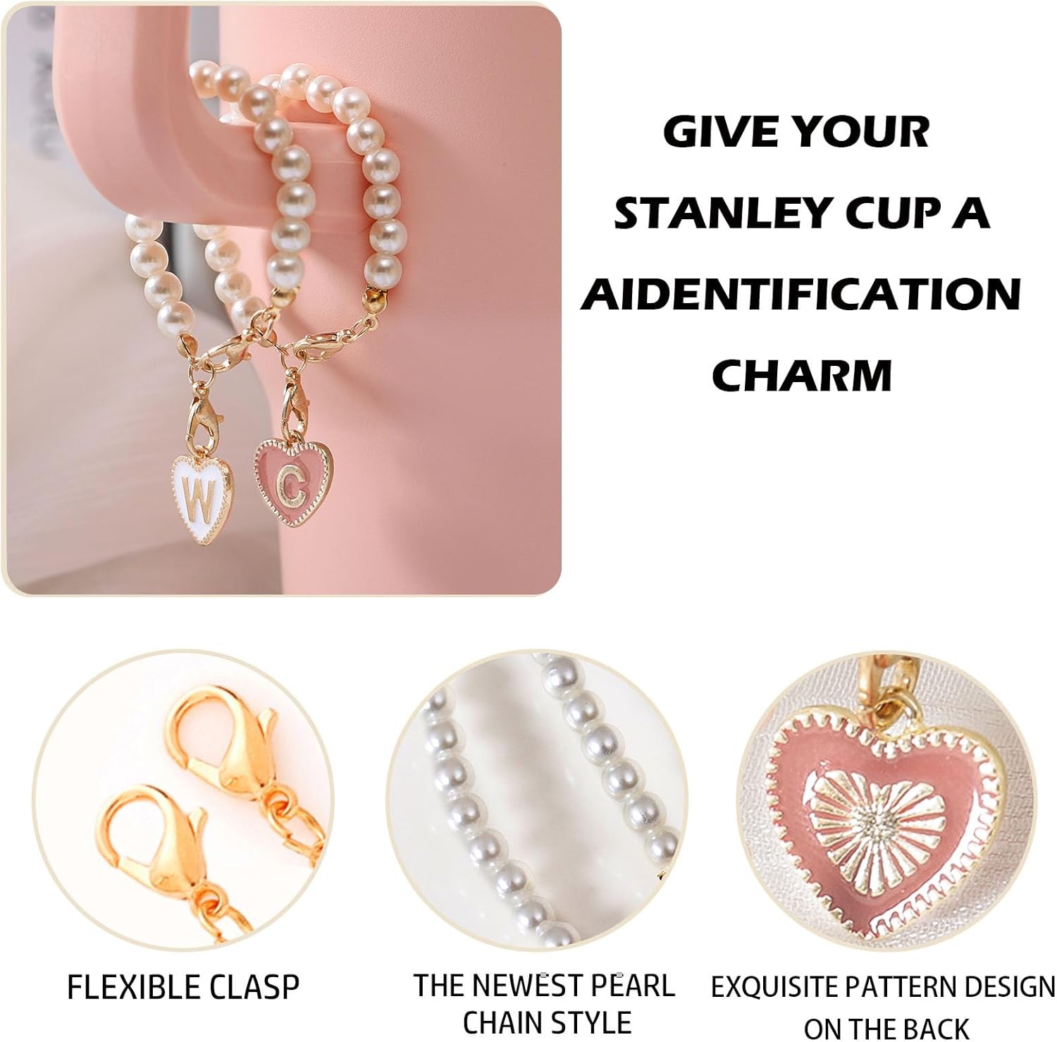 Charms for Stanley Cup，2pcs Pearl Chain for Stanley Cup Accessories Initial Letter Charms Handle with 2pcs Straw covers Stuff Decor Water Bottle Jewelry Tumbler Personalized Decorations Tag T - Image 3