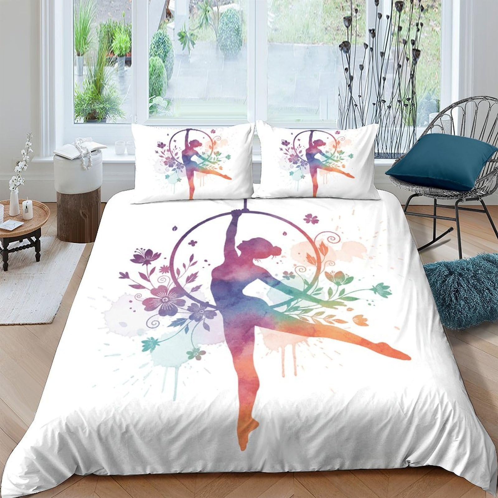 3D Printed Ballet Dancer Duvet Cover Microfiber Soft Breathable Watercolor Art Bedding Set with 2 Pillowcases for Bedroom Decor Single（135x200cm）