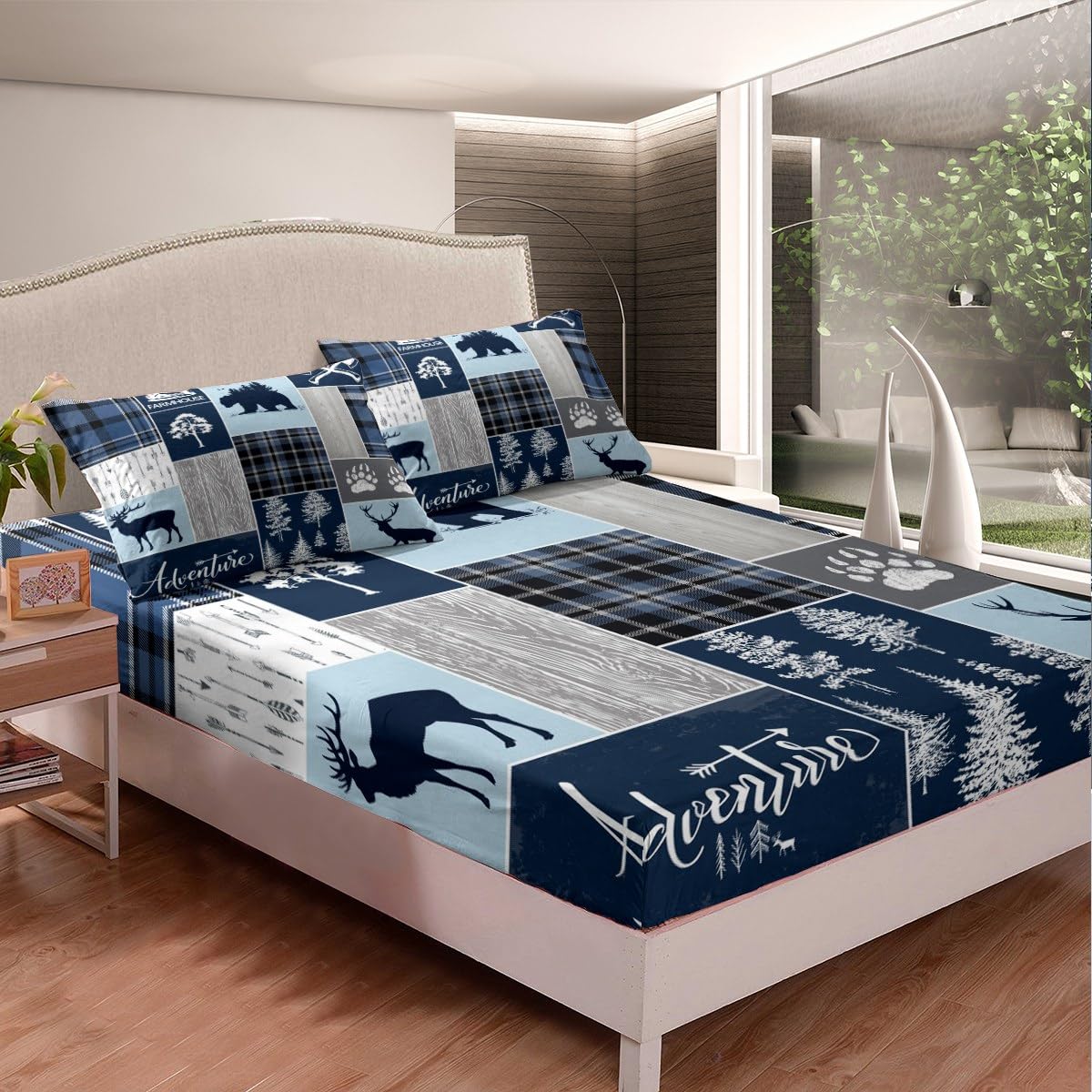 Hunting Bear Deer Bedding Sets, Buffalo Plaid Fitted Sheet Twin Rustic Cabin Patchwork Bed Sheets for Kids Boys Teens Adult,Farmhouse Cowboy Woodland Bedding Decor Set with 1 Pillow Case,Blue Grey