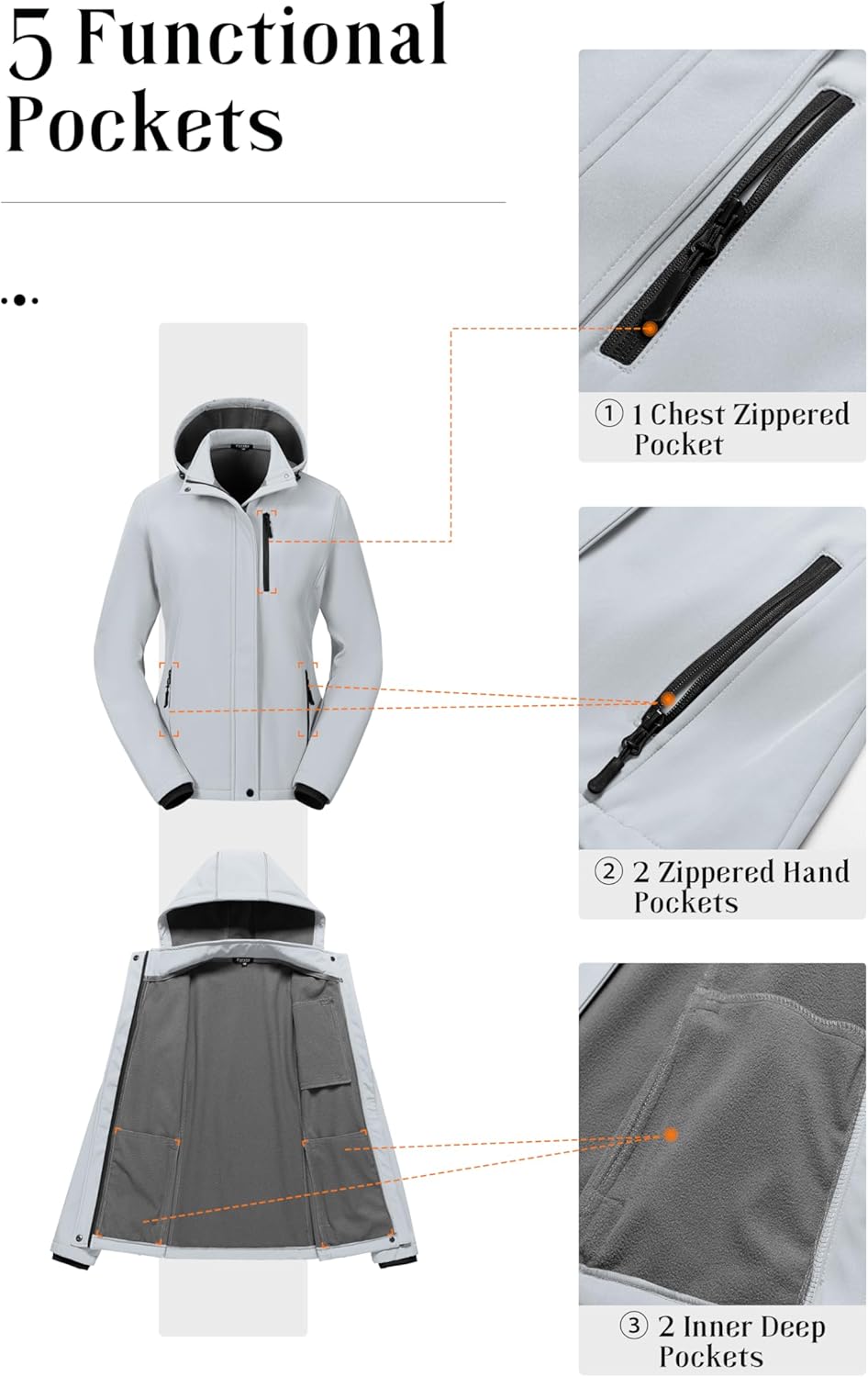 Pursky Women's Softshell Jacket Lightweight Fleece Lined Rain Jacket Waterproof Warm Windbreaker Coat With Removable Hood