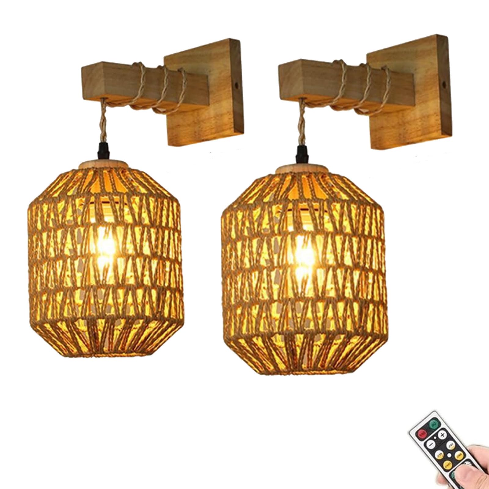 FZQSXAZU Boho Wall Sconces,Battery Rechargeable Rattan Wicker,Remote Battery Operated Light Sconces Decor Set of 2,Dimmable Wireless Lamp for Bedroom,Hallway,Entryway(Size:2pcs,Color:C)