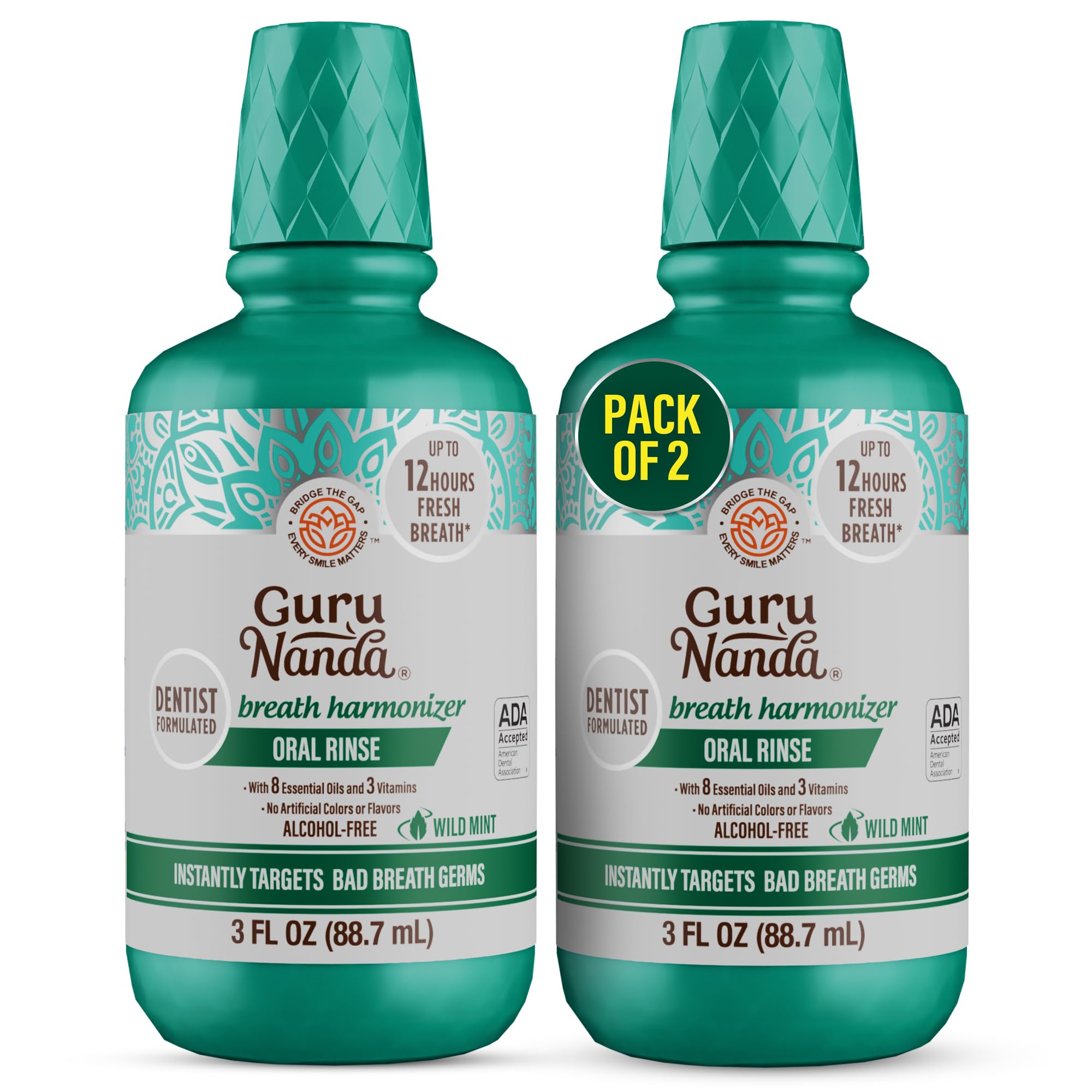 GuruNanda Fresh Breath Travel Mouthwash – 12-Hour Fresh Breath & Helps Fight Bad Breath – ADA Accepted, Alcohol & Fluoride-Free Oral Rinse, TSA Friendly, Wild Mint - 3 oz, Pack of 2