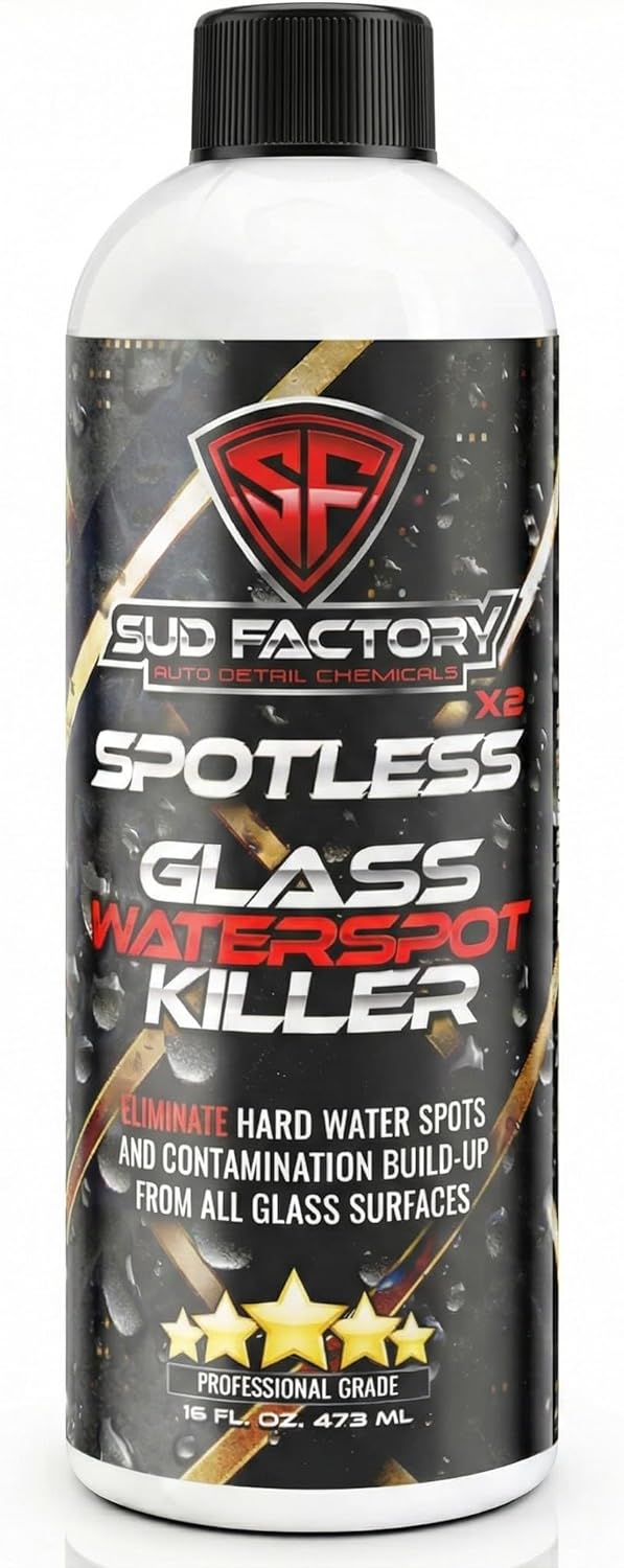 Sud Factory Hard Water Spot Remover for Glass Spotless X2 - Removes Water Stains from Shower Doors, Car Windows, Windshields - Professional Strength 16oz