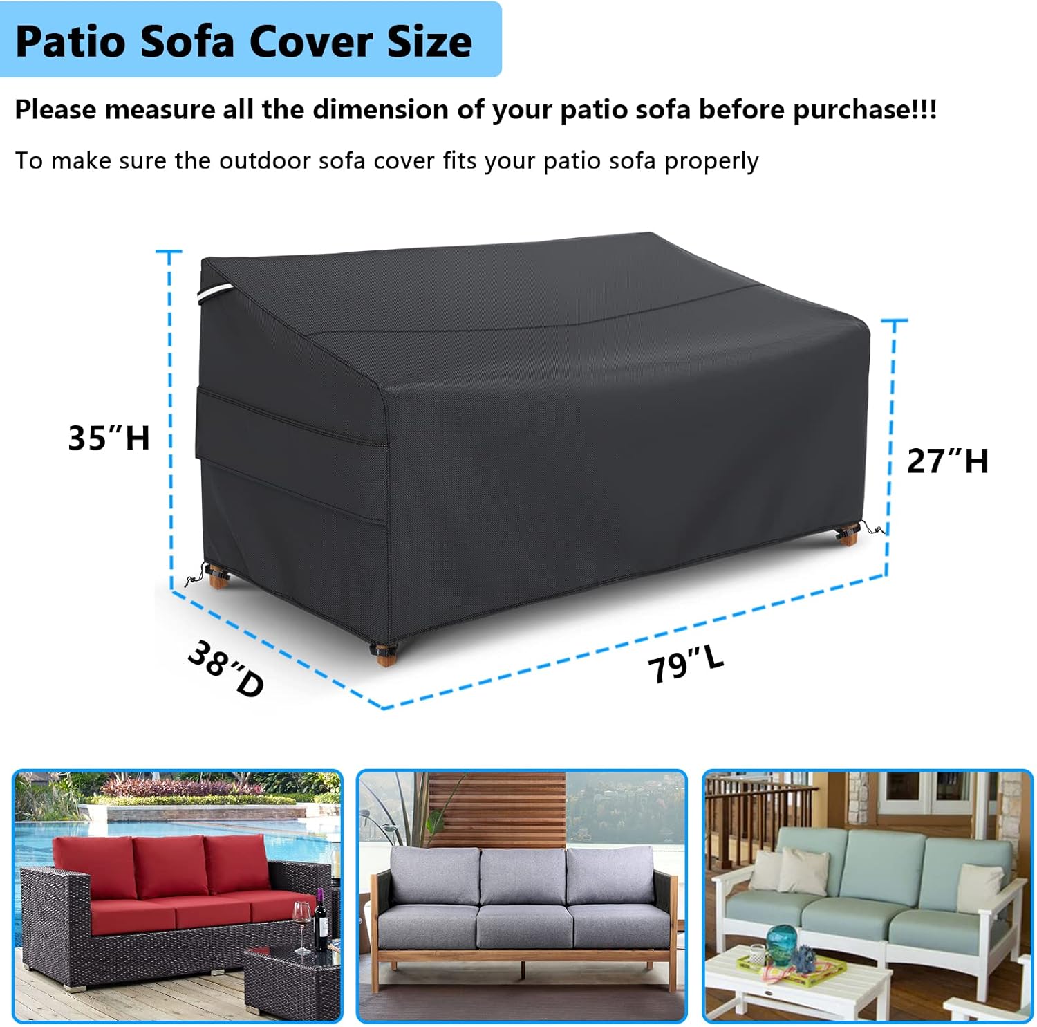 Gasadar Waterproof Outdoor Sofa Cover, 3-Seater Outdoor Loveseat Cover, 79" L×37" D×35" H, Heavy Duty 600D, Black - Image 2