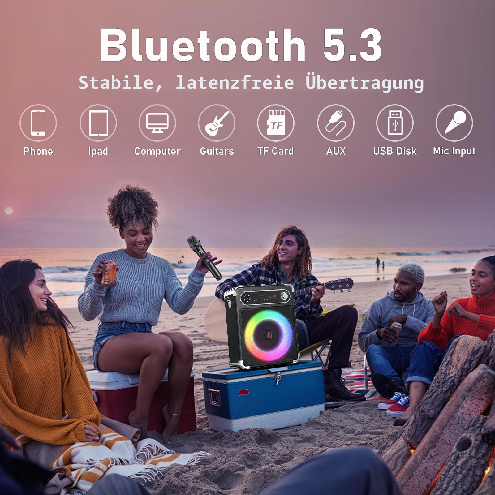 JYX Karaoke-Maschine mit 2 UHF-Funkmikrofonen, Tragbarer Bluetooth-Lautsprecher mit Bass-/Höhen-Einstellung, Fernbedienung und LED-Lichtern, unterstützt TF-Karte/USB, AUX IN, FM, REC für Party-Schwarz