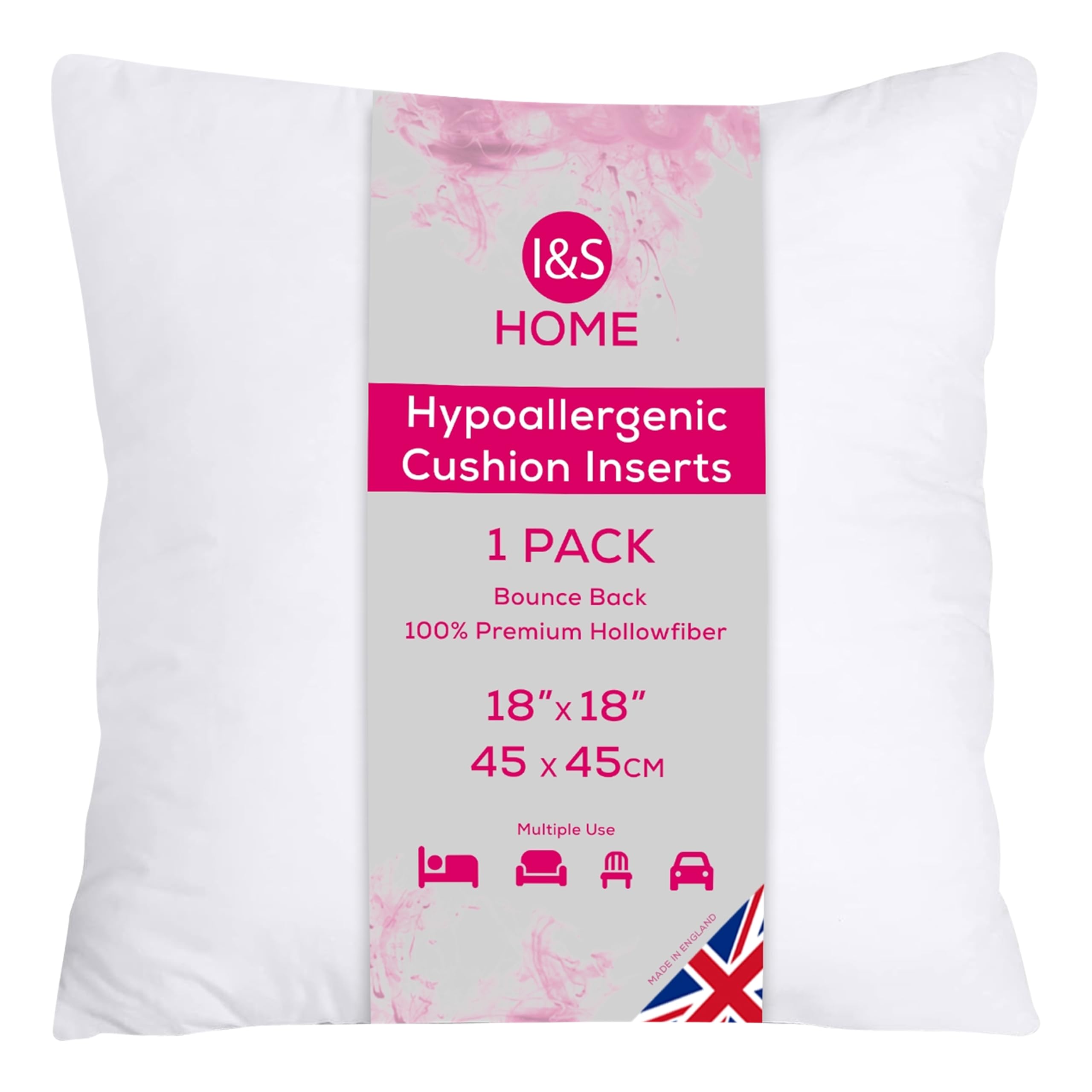 I&S Home White Cushion Inserts 45Cm X 45Cm (18"X18") Square Cushion Inner Pads - Bounce Back Cushion Filler - Hypoallergenic Scatter Cushions For Sofa And Couch - Pack Of 1