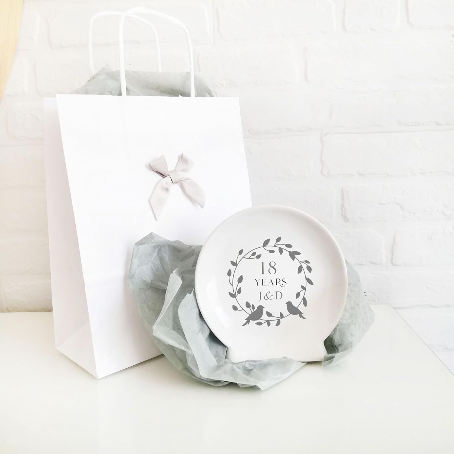 18th Anniversary Porcelain Ceramic Keepsake Plate, 5.5 Inches, Personalized Engraved 18 Years Wedding Commemorative Gift with Monogram Design for her or him, Wife Husband, Couple