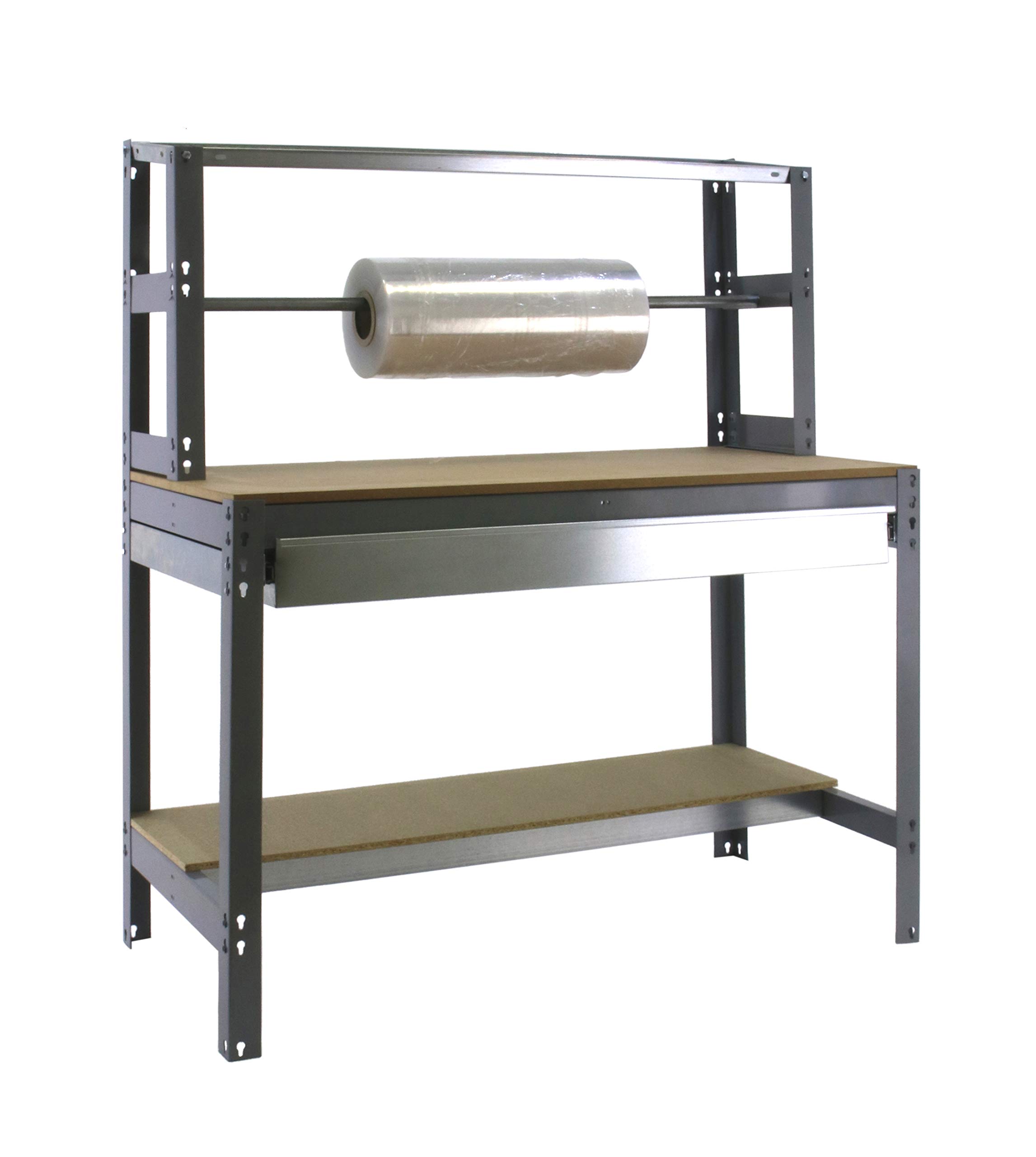 Simon Rack Banco de Trabajo con Porta Rollo y cajón 1210x760 mm - BT4 | Tablero madera 16 mm, Capacidad Carga 600 kg, Gris , Pintura anticorrosión, Montaje sistema clic