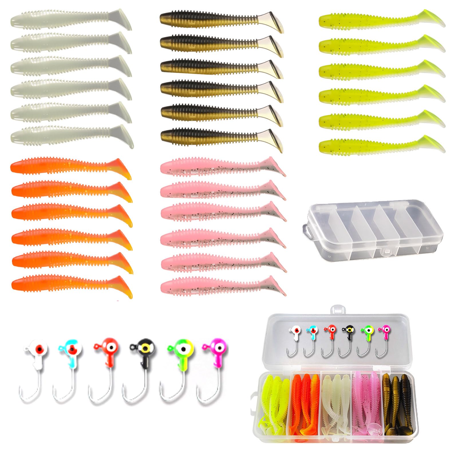 36 Pcs Fishing Lure Kit with Jig Heads & Hooks, Perch Lures, Soft Plastic Grubs for Bass Crappie Trout Perch in Freshwater and Saltwater