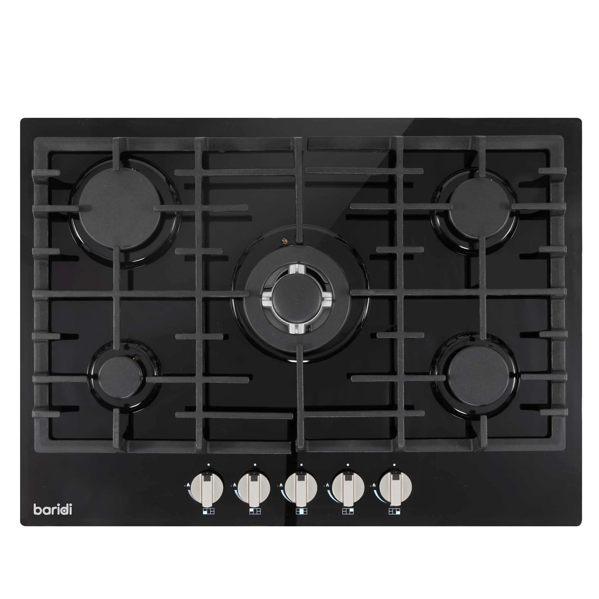 Baridi 70cm Gas on Glass Hob with 5 Burners, Cast Iron Pan Supports and Auto Ignition, 11kW, Black Glass - DH228 — view 9