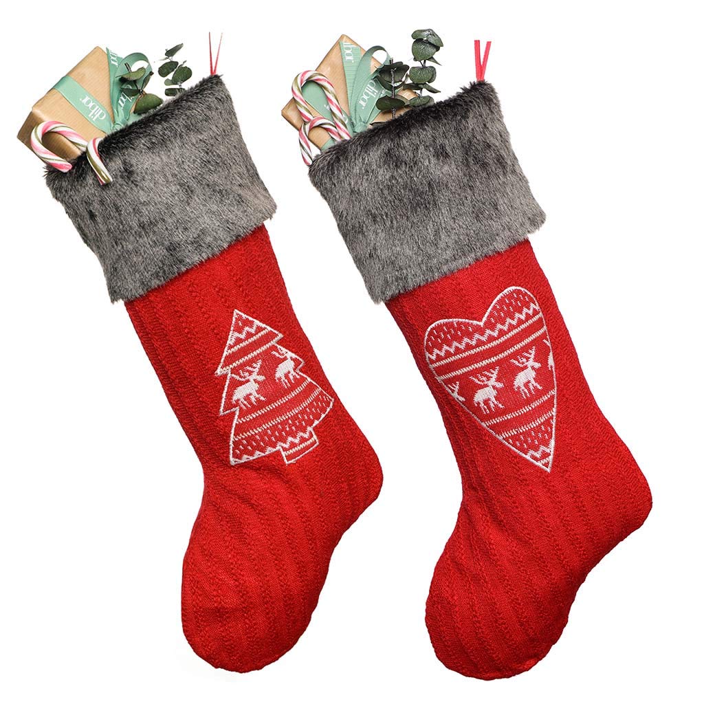Dibor Red Christmas Stockings Set of 2 Nordic Heart & Tree Xmas Gift Stockings