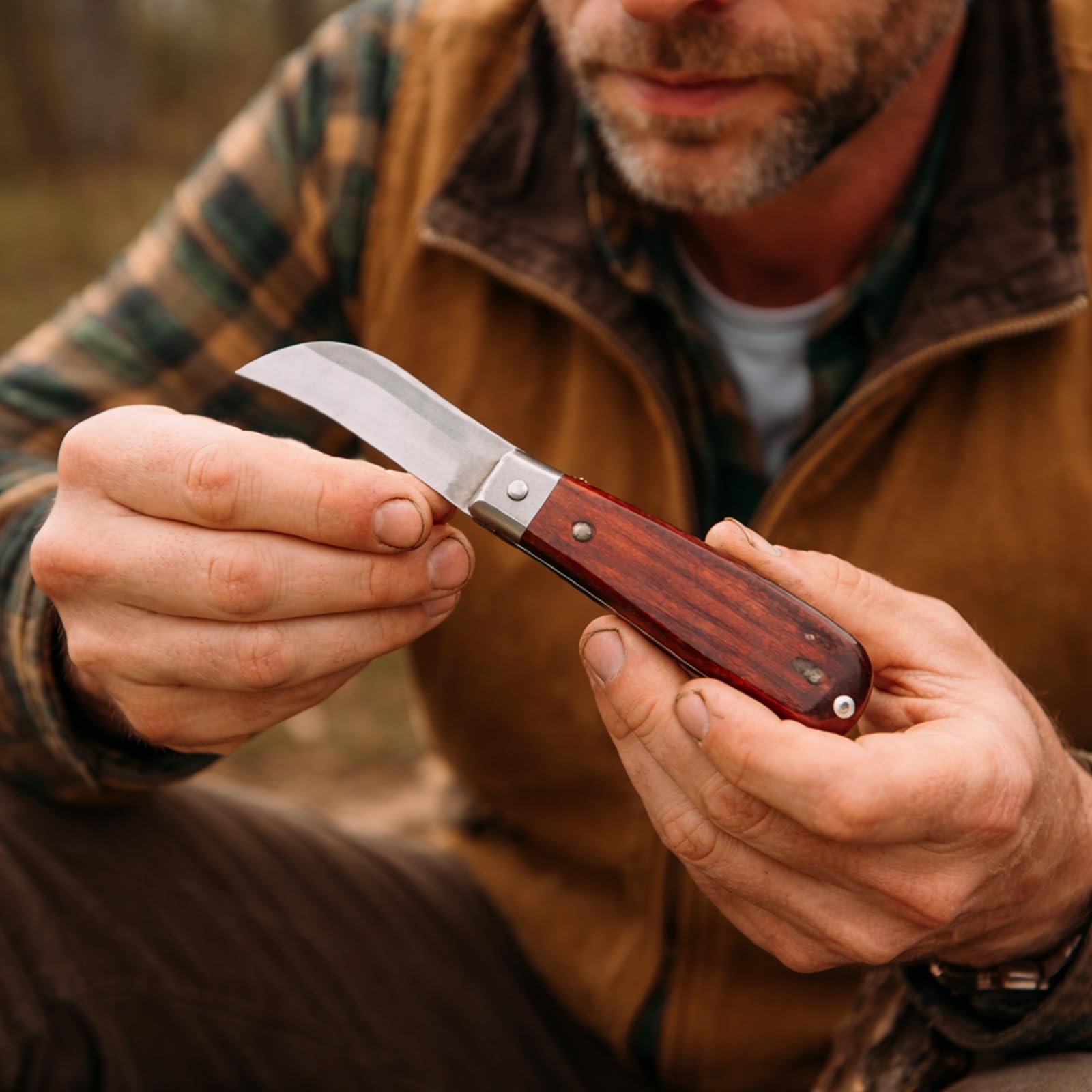 Coltello da Innesto Pieghevole per Giardinaggio con Lama in Acciaio Inox Affilata | Manico Ergonomico in Legno | Strumento da Potatura e Cura Piante | Tascabile, Compatto, Professionale