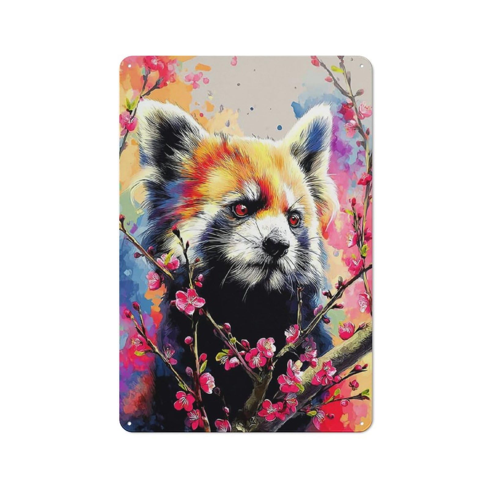 Junmoney Colorful Red Panda With Blossoms For Bar Or Restaurant, Retro Metal Plaque 30X20cm, A Decorative Christmas Gift For Hospitality Decor Collectors