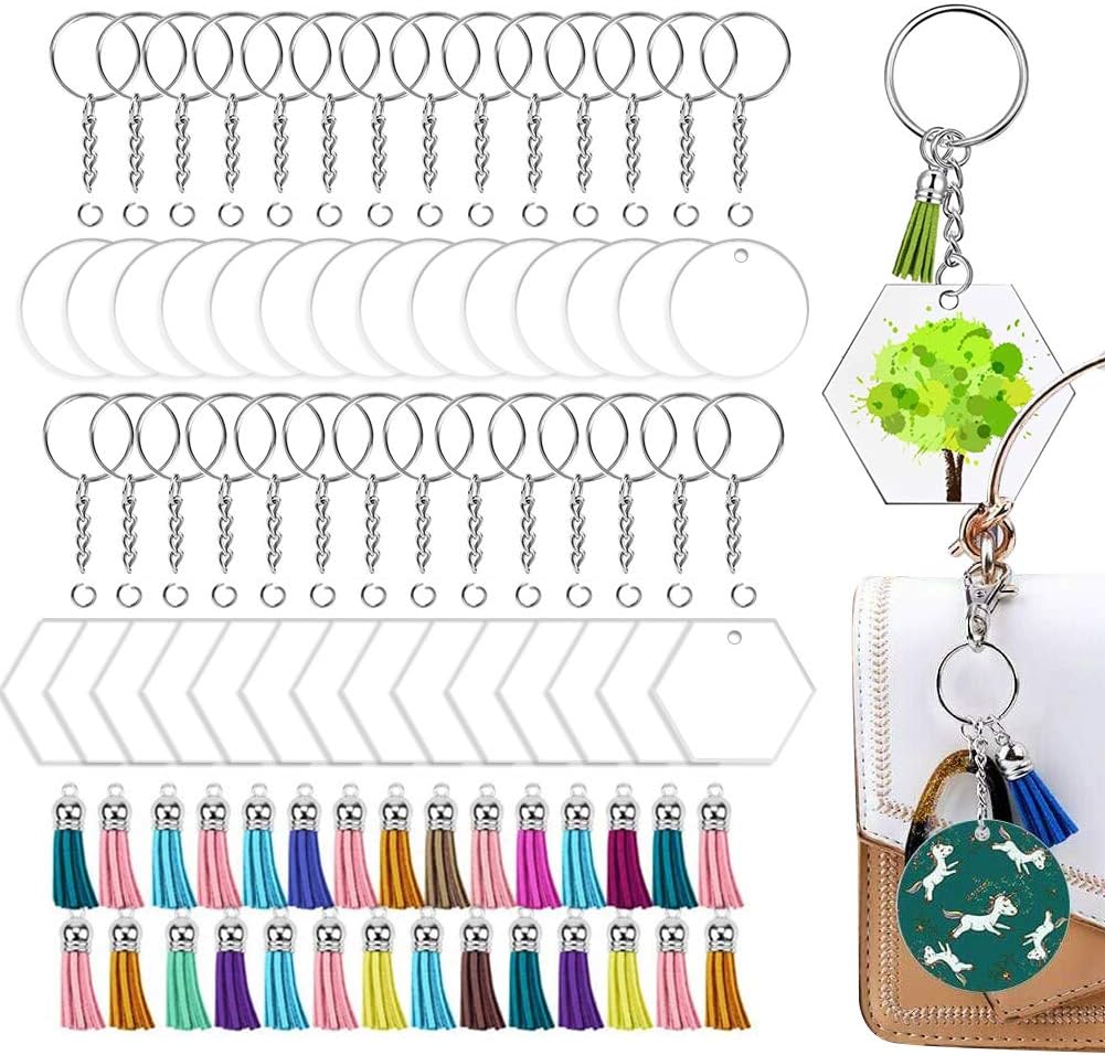 Keyring Making Kit 120Pcs, Acrylic Keychain Blanks Set 15 Transparent Circle Discs 15 Hexagon Blanks 30 Split Key Rings with Chain 30 Tassels Pendants 30 Jump Rings for Keyrings Crafting Engraving
