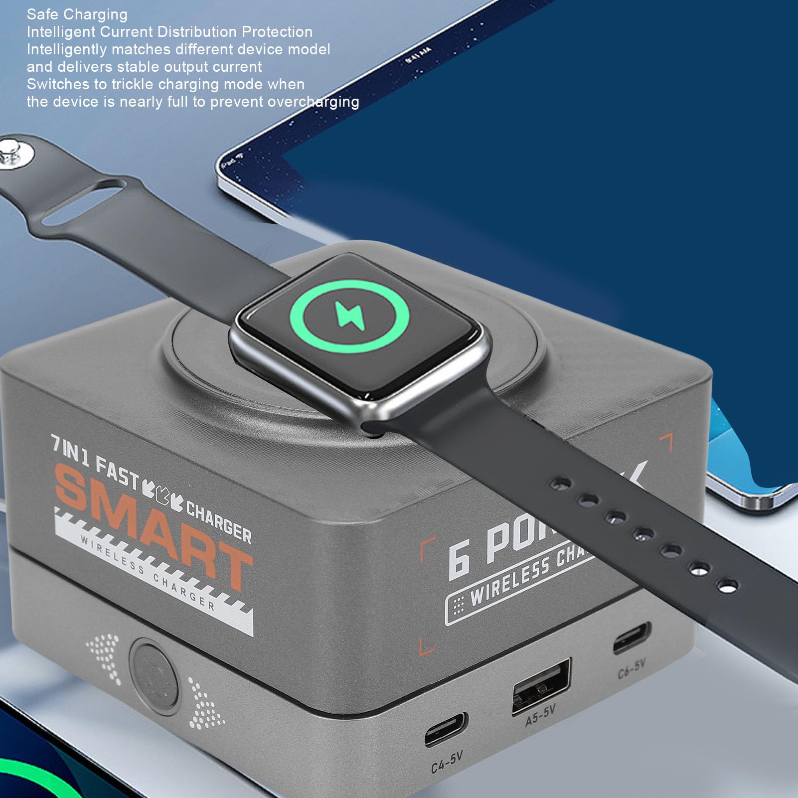 Stazione di Ricarica USB da 80 W, Hub Caricabatterie Rapido a 6 Porte con Ricarica Wireless Magnetica per Smartphone, Tablet e Laptop, Protezioni Multiple di Sicurezza (Spina europea)
