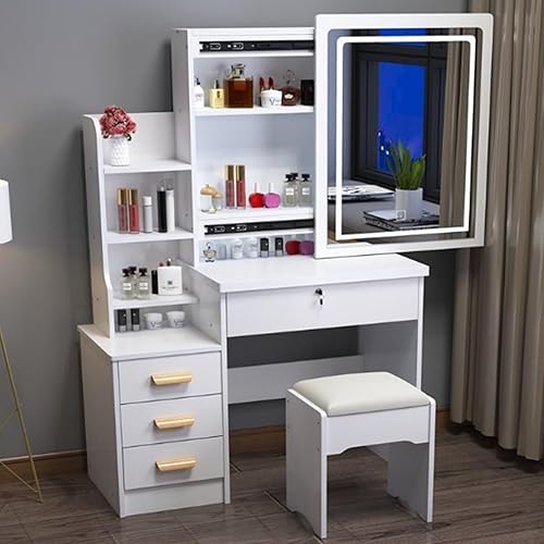 Miniatura 8 de Escritorio de tocador con luces LED, tocador de maquillaje con espejo, tocador con 4 cajones y estantes de almacenamiento, mesa de maquillaje para