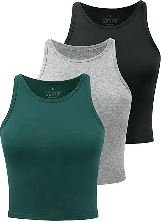 Yeawinta Crop Tops for Women High Neck Tank Top Athletic Cropped Shirts Workout Tanks Gym Clothes 3 Pack