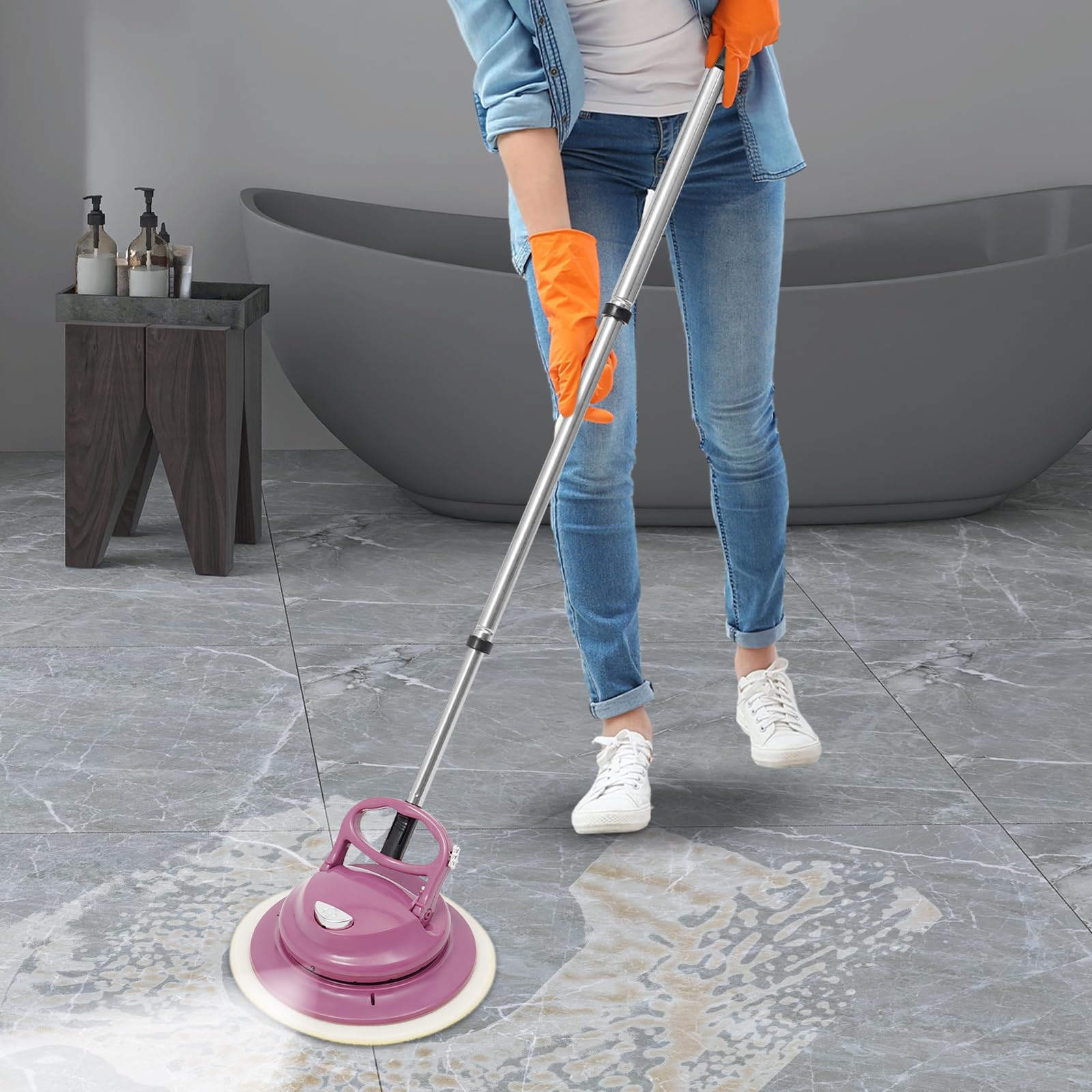Mopa eléctrica rosa con cable USB 36 W 160 RPM con batería con 6 almohadillas y luz LED – Limpiador de suelos para madera, azulejos y laminados