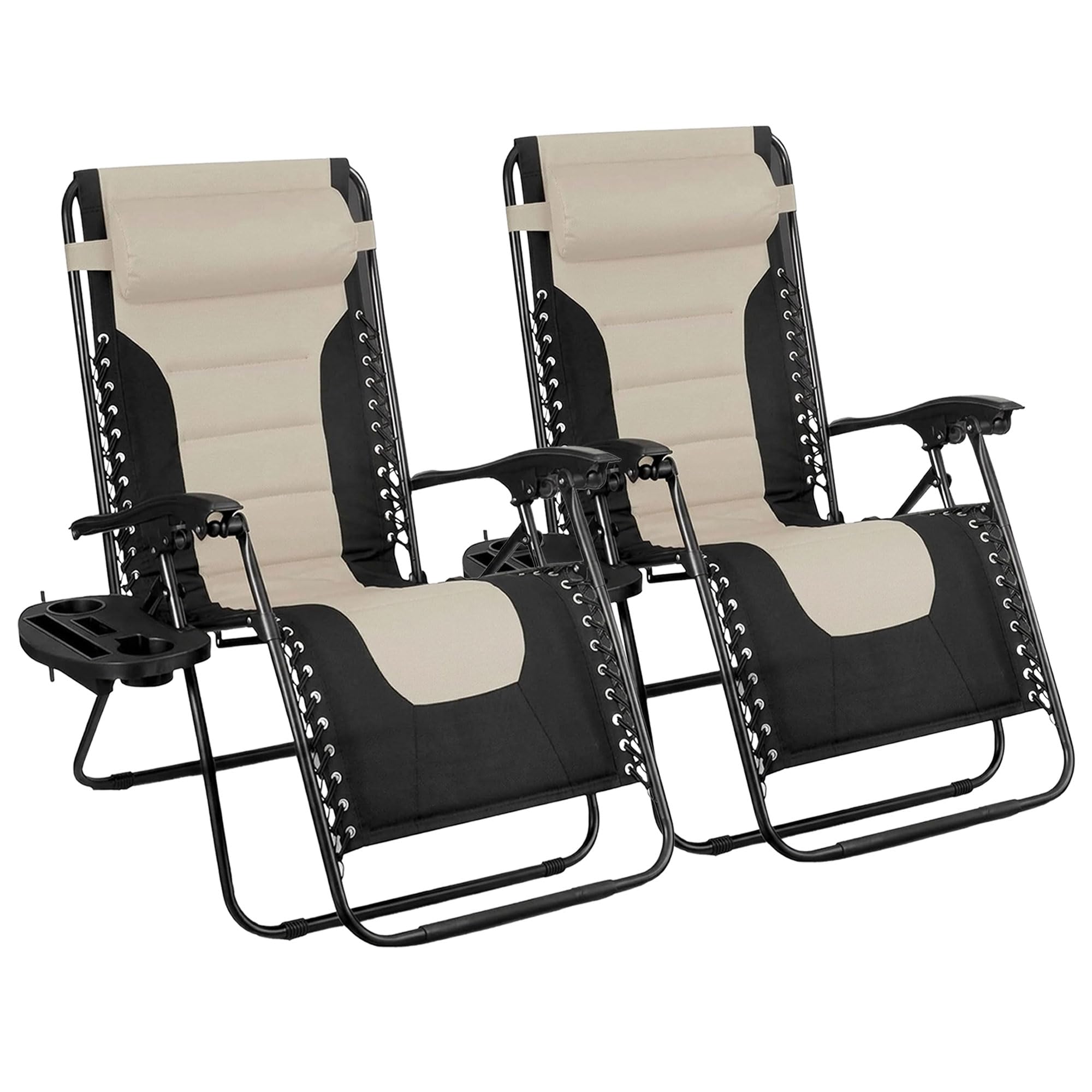 SG Traders Zero Gravity Chair - Reclining Outdoor Sun Lounger, Relaxer Chair for Patio Decking Gardens Camping Folding Chairs with Cup Holder and Adjustable Headrest Sunlounger (Pack 2 - Black Cream)