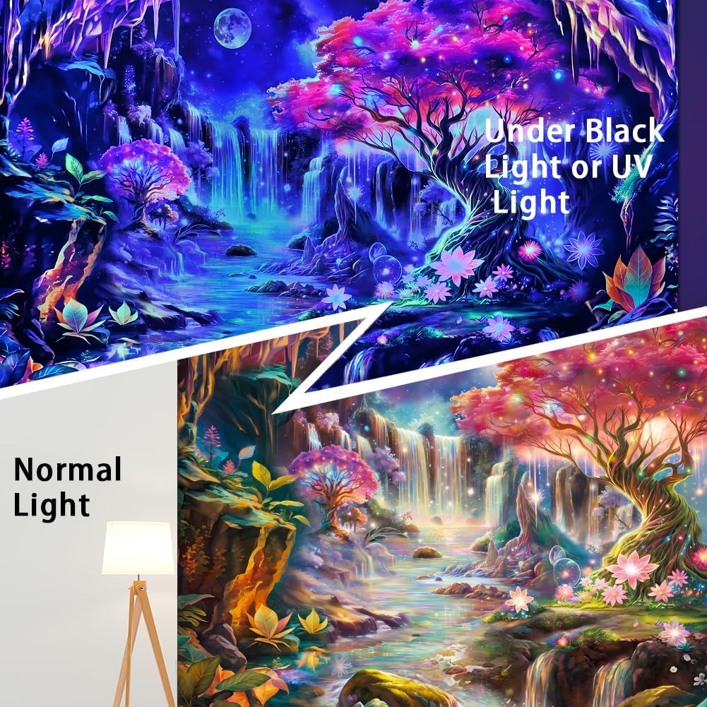 Yuiqear Black Light Tree of Life Tapestry UV Reactive Mountain Waterfall Tapestries Blacklight Space Wall Decor Floral Plant Fantasy Lanscape Tapestry Wall Hanging for Bedroom