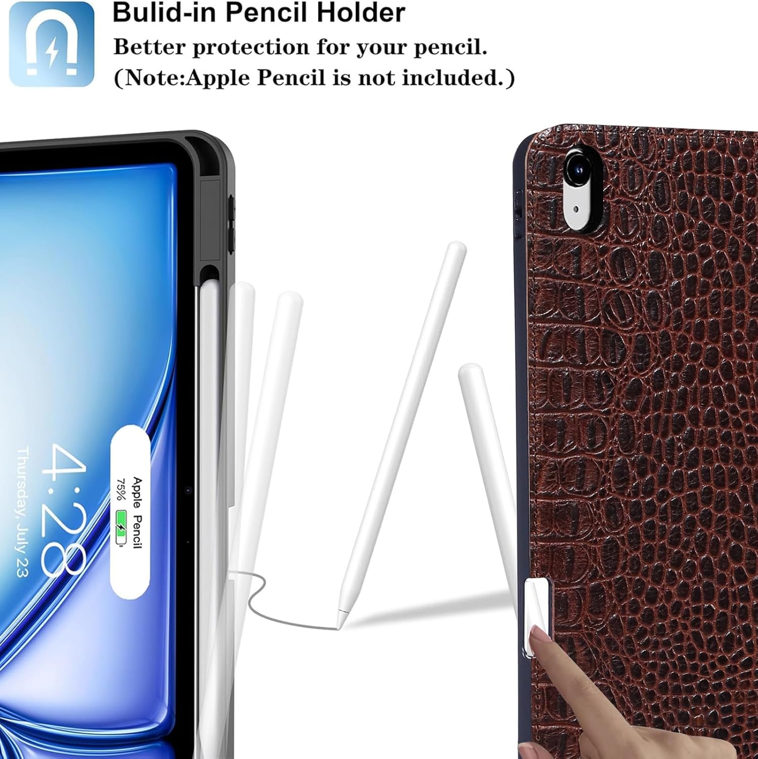 Gexmil Genuine Leather Case for iPad Air 13 Inch M3 2025/ M2 2024,Premium Leather Smart Folio Cover with Pencil Holder, Auto Sleep/Wake,Adjustable Stand, Anti-Slip,Brown Crocodile - Image 6