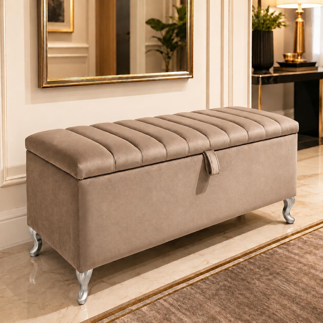 Aiza's Panel Luxurious Velvet Ottoman Storage Box, Mink, Silver Legs