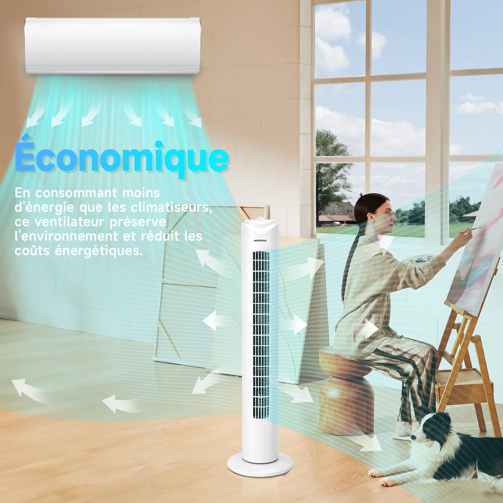 Aigostar Ventilateur Colonne Silencieux 81CM, 3 Vitesses,Oscillation 70°, Minuteur 2H, Blanc,Ventilateur Tour Puissant 45W,Économique pour Salon Bureau Chambre -Benson White