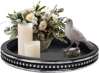 Round Candle Tray Holder, Decorative Tray Wood Tealight Pillar Plate, Small Rustic Candle Holder Farmhouse Tray Table Centerpiece for Christmas Wedding Halloween Home Decor(Black)