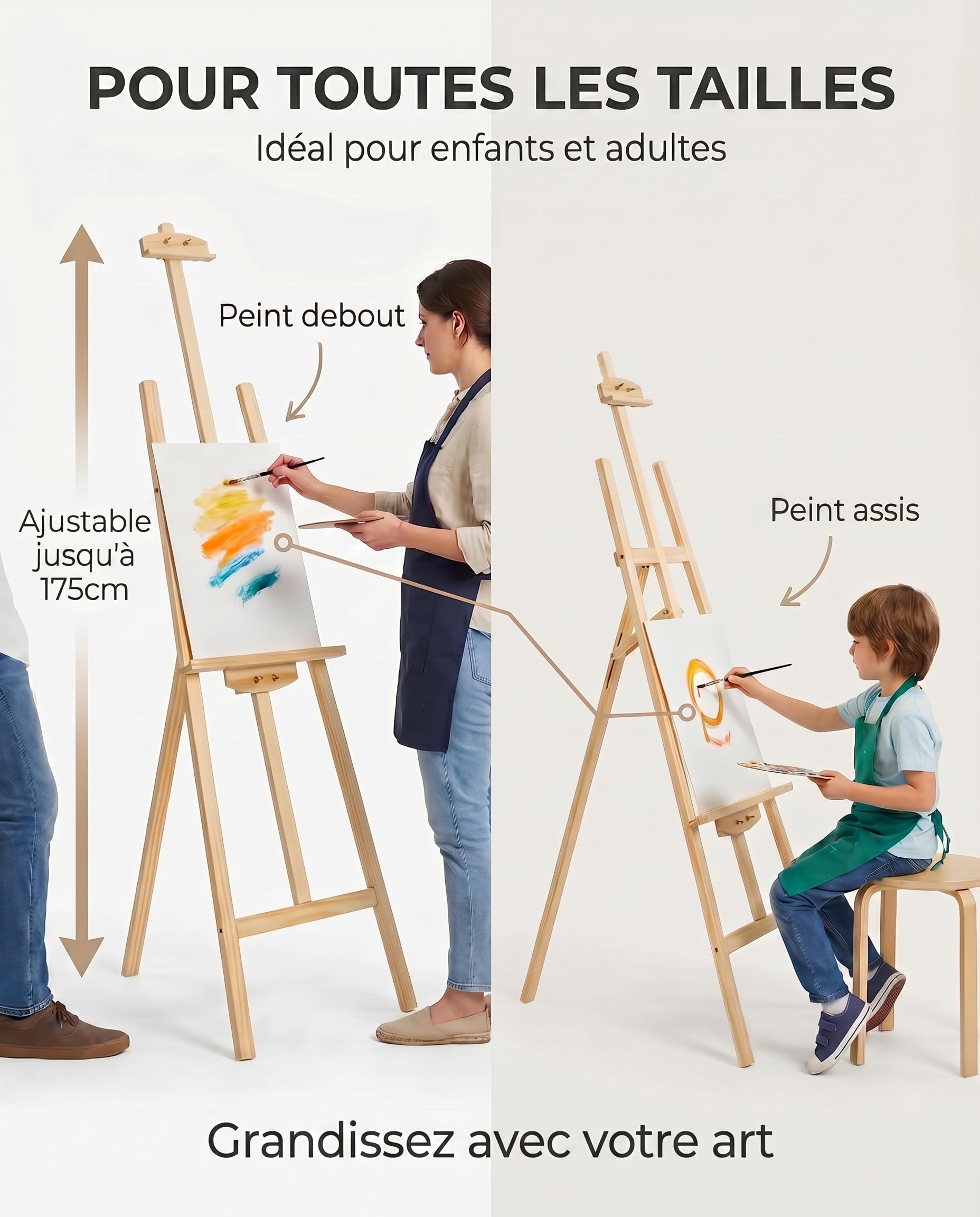 Chevalet Peinture, Pliable en Bois de Pin, 175 cm