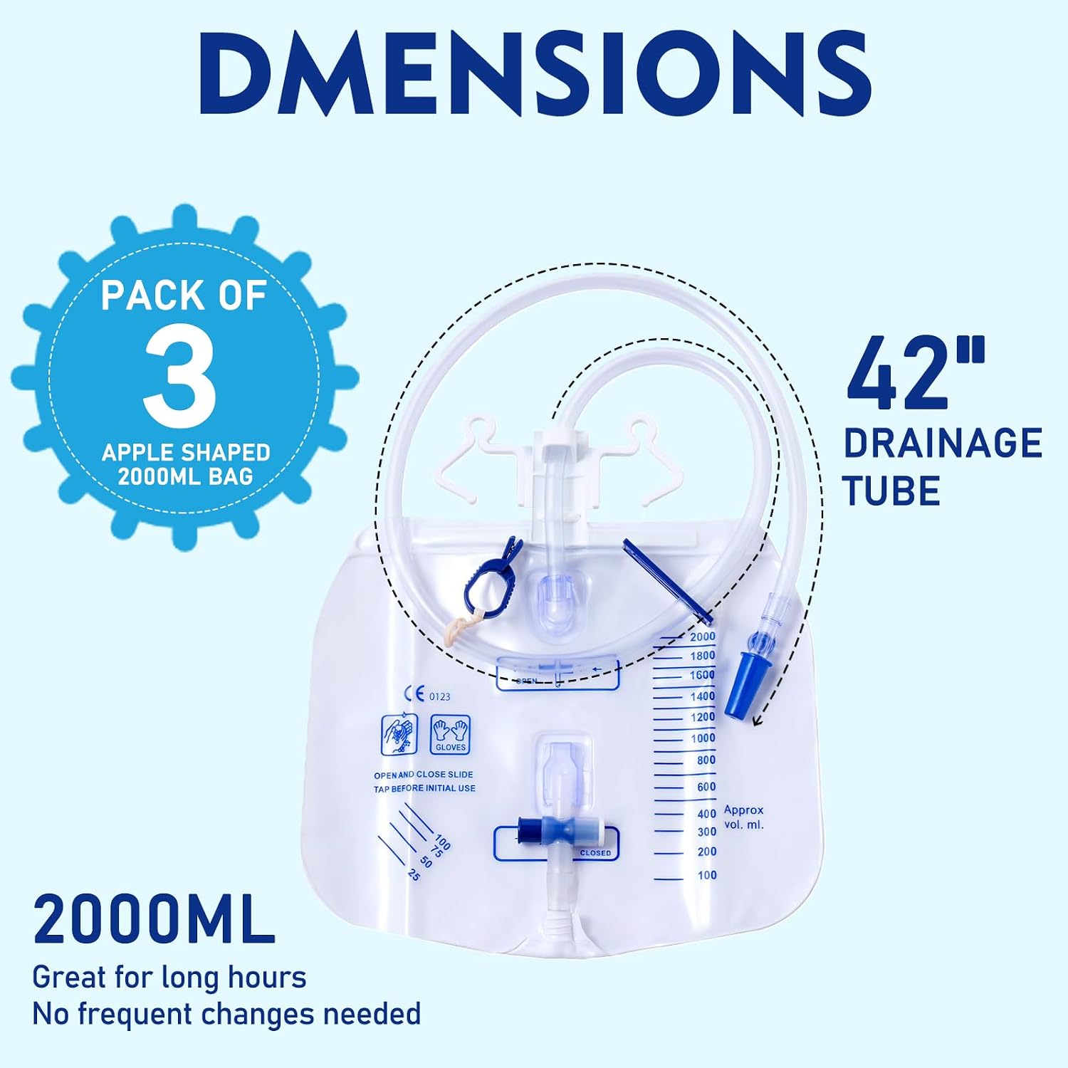 2000mL Catheter Bags for Men, 3-Pack Professional Urinary Drainage Bags with Anti-Reflux Chamber, 48" Kink-Resistant Thickened Tube, Splash-Proof Drain Valve, Adjustable Clips & Dual Hanging Hooks