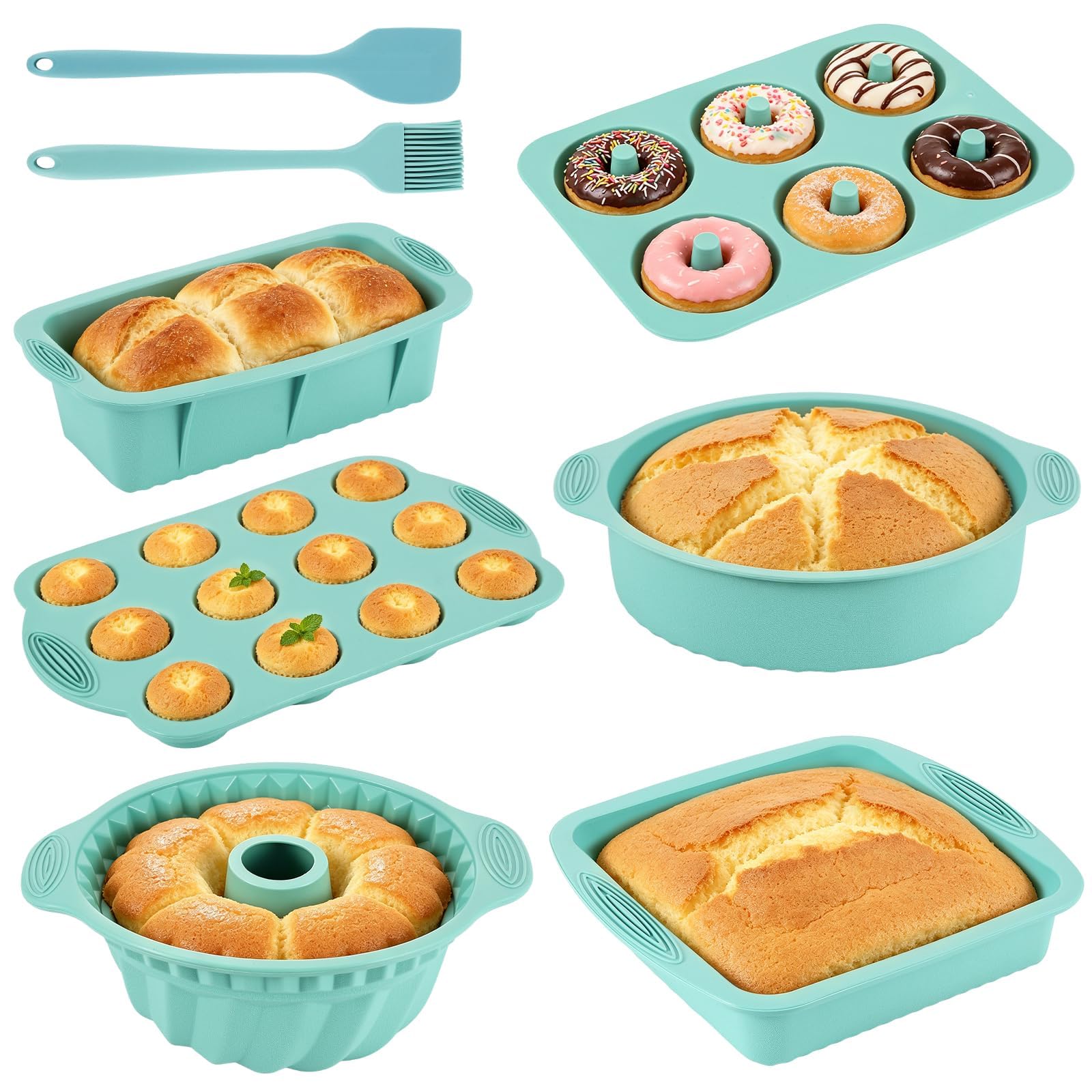 Juego de 8 moldes de silicona para hornear, molde para tartas, magdalenas, molde con espátula y pincel para hornear pan, tostadas, cupcakes, magdalenas (azul)