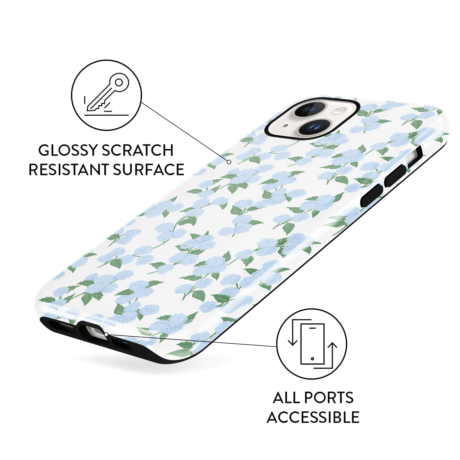 Funda protectora para iPhone 14/iPhone 13 de 6.1 pulgadas, diseño de flores de hortensias azules, funda protectora de silicona TPU suave a prueba de golpes para mujeres y niñas
