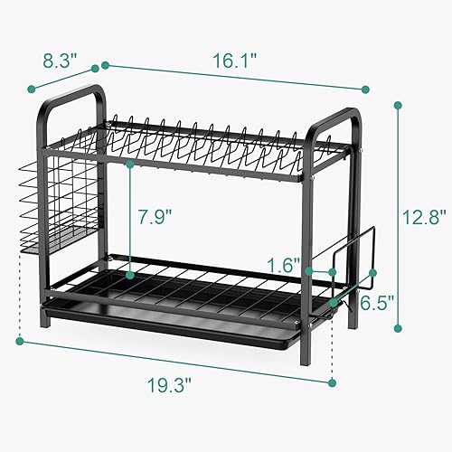 Miniatura 6 de GSlife Escurridor de platos, 2 niveles resistente al óxido con escurridor compacto con soporte para utensilios, soporte para tabla de cortar para