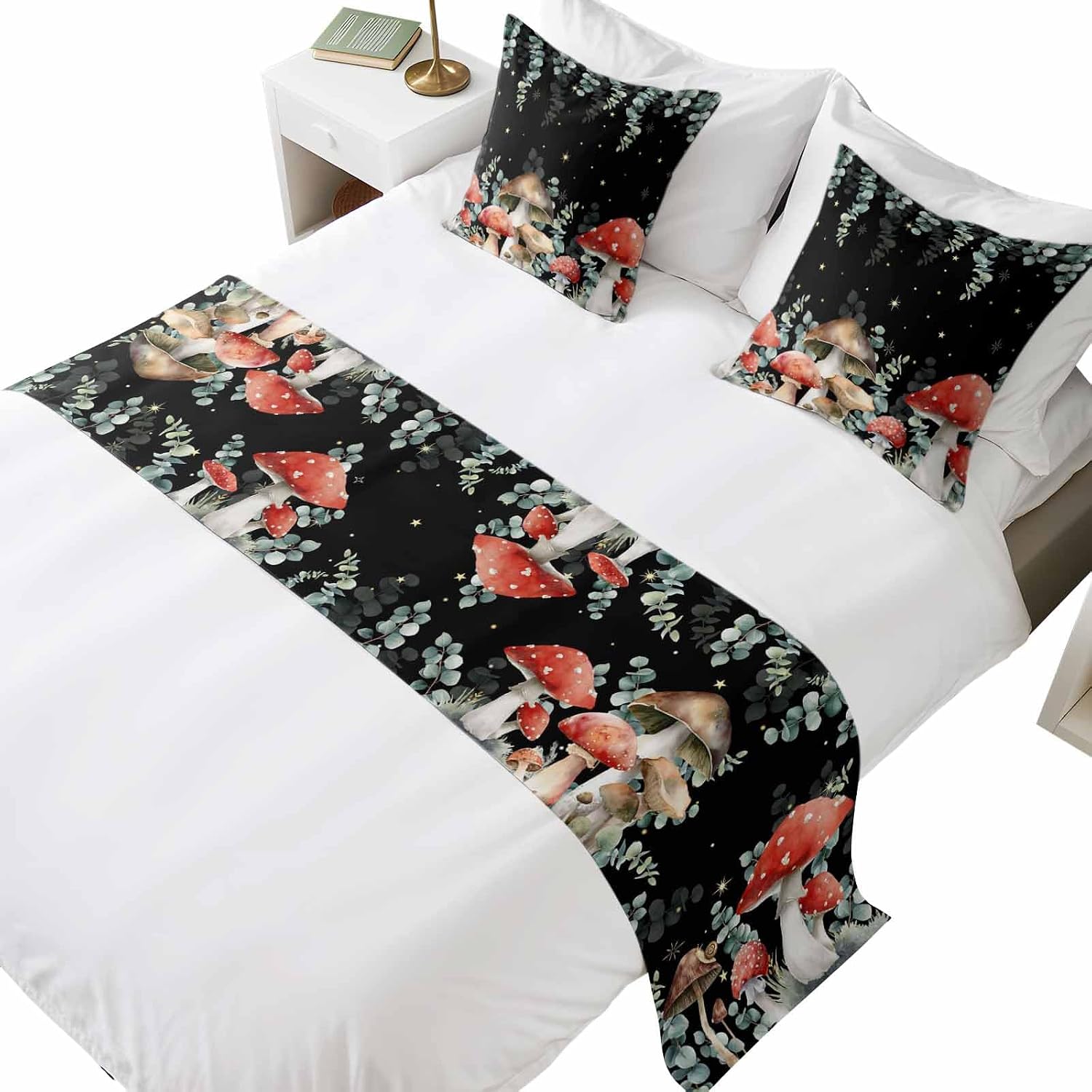 3pcs Red Mushrooms Bed Runner Set, 83x20in, Eucalyptus Leaves Plants Black Night Sky Stars Queen Bed Runner Scarf & 2 Pillowcases, Soft Bedding Scarves for Home Hotel Decorations