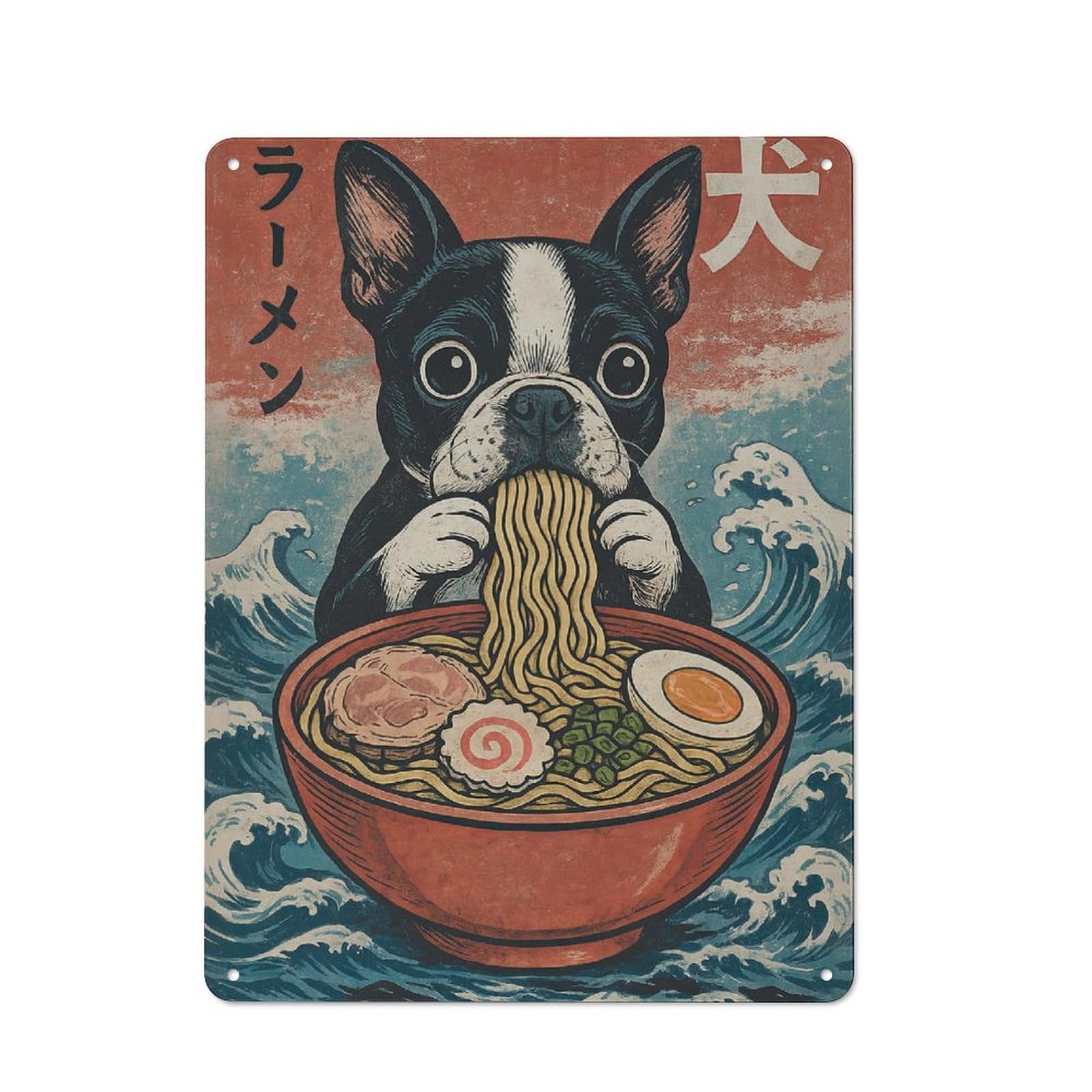 Decorative Metal Plaque with Boston Terrier Eating Ramen Design 40x30cm, Casual Utility Space Decor for Patio Bar, Workshop, Shed Or Kitchen