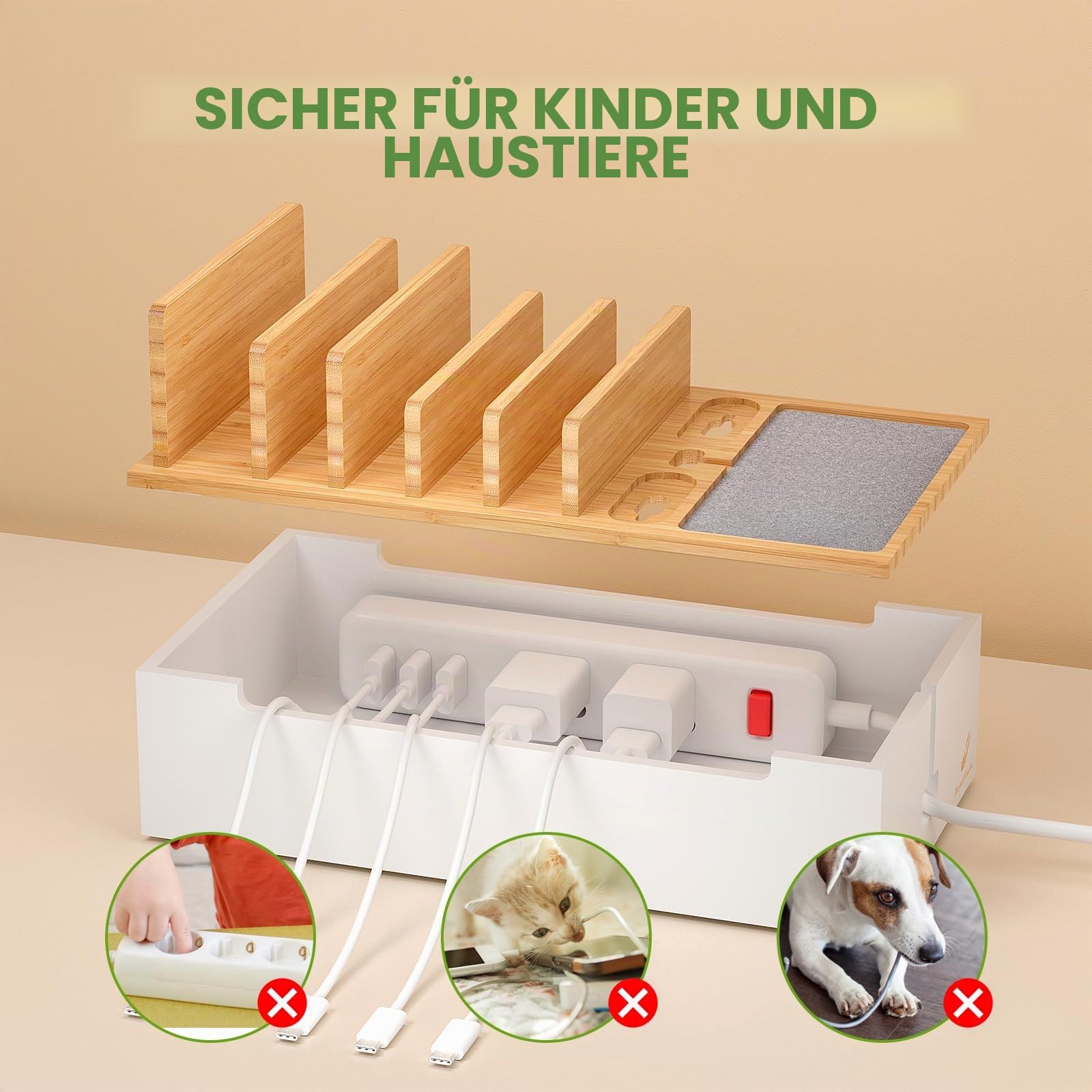 Pezin & Hulin Bambus-Kabel-Management-Box, Draht-Organizer für Kabel, Ladestation, Desktop-Dock-Organizer-Rack für elektronische Geräte (inkl. 6 Kabel) (ohne Netzadapter) – Natur + Weiß