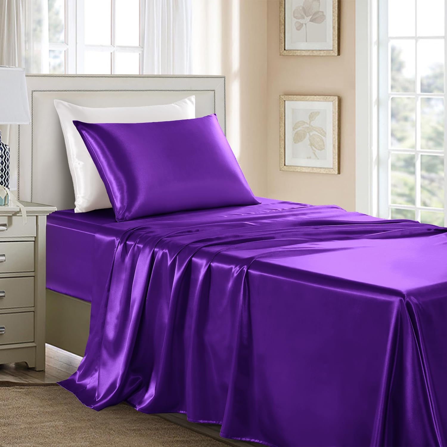 GOLAL Satin Sheets Twin Size - 3 Pieces Luxury Silky Soft Bed Sheets for Kids, Wrinkle-Free Dark Purple Satin Silk Sheet Set with 1 Deep Pocket Fitted Sheet, 1 Flat Sheet, 1 Pillow case