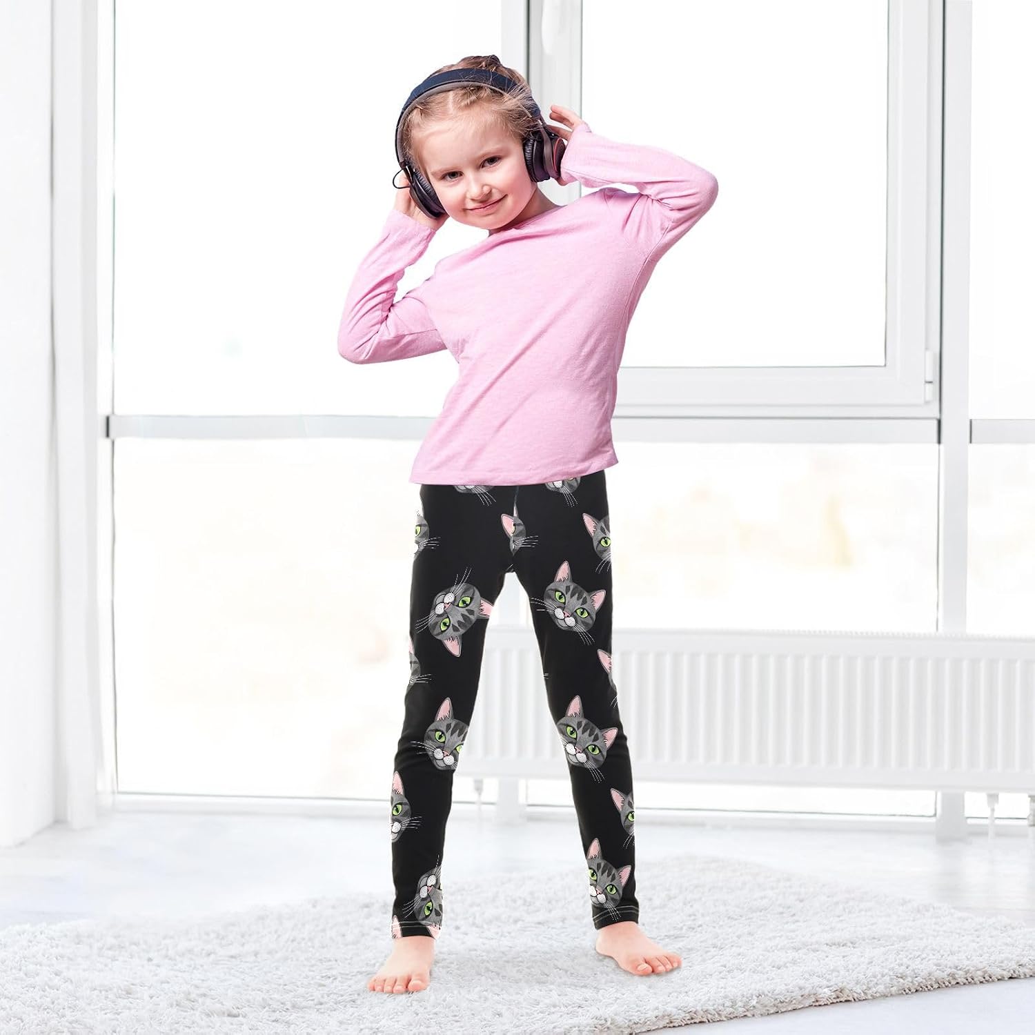 Girls Printed Yoga Pants Cat Green Eyes