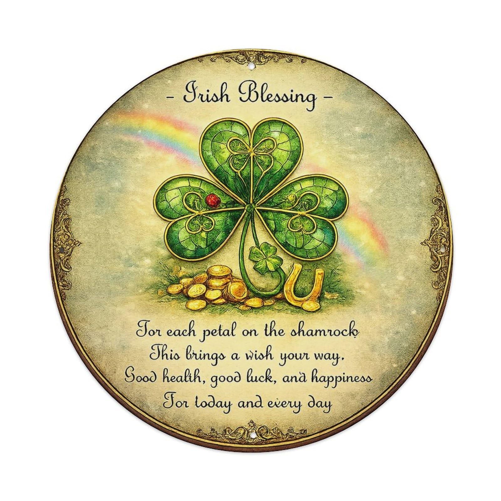 Irish Blessing Shamrock Rainbow Gold Coins Vintage Round Tin Sign Retro Metal Wall Decor Metal Poster, Home Bar Garage Cafe Wall Art Decoration 8x8Inches