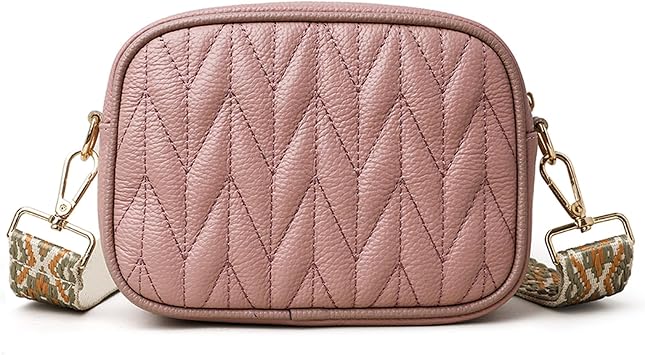 Eslcorri Small Crossbody Bags for Women Trendy - Quilted Vegan Crossbody Purse Wide Strap Ladies Shoulder Handbags Multi Zipper Pockets Wallet for Summer Travel Shopping - Pink
